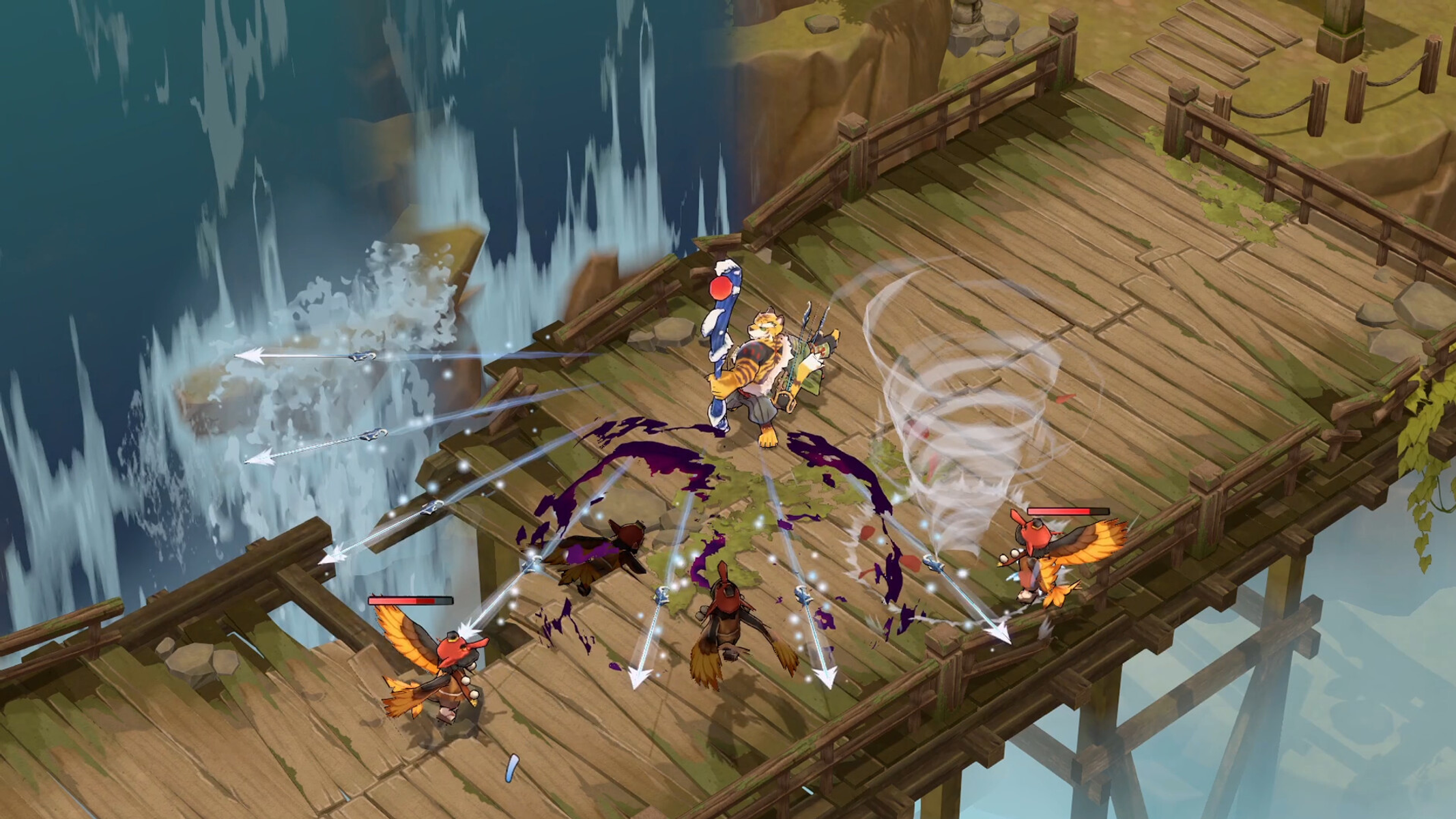 Vista isométrica de una escena de videojuego. Un personaje tipo tigre lucha contra pájaros en un puente.