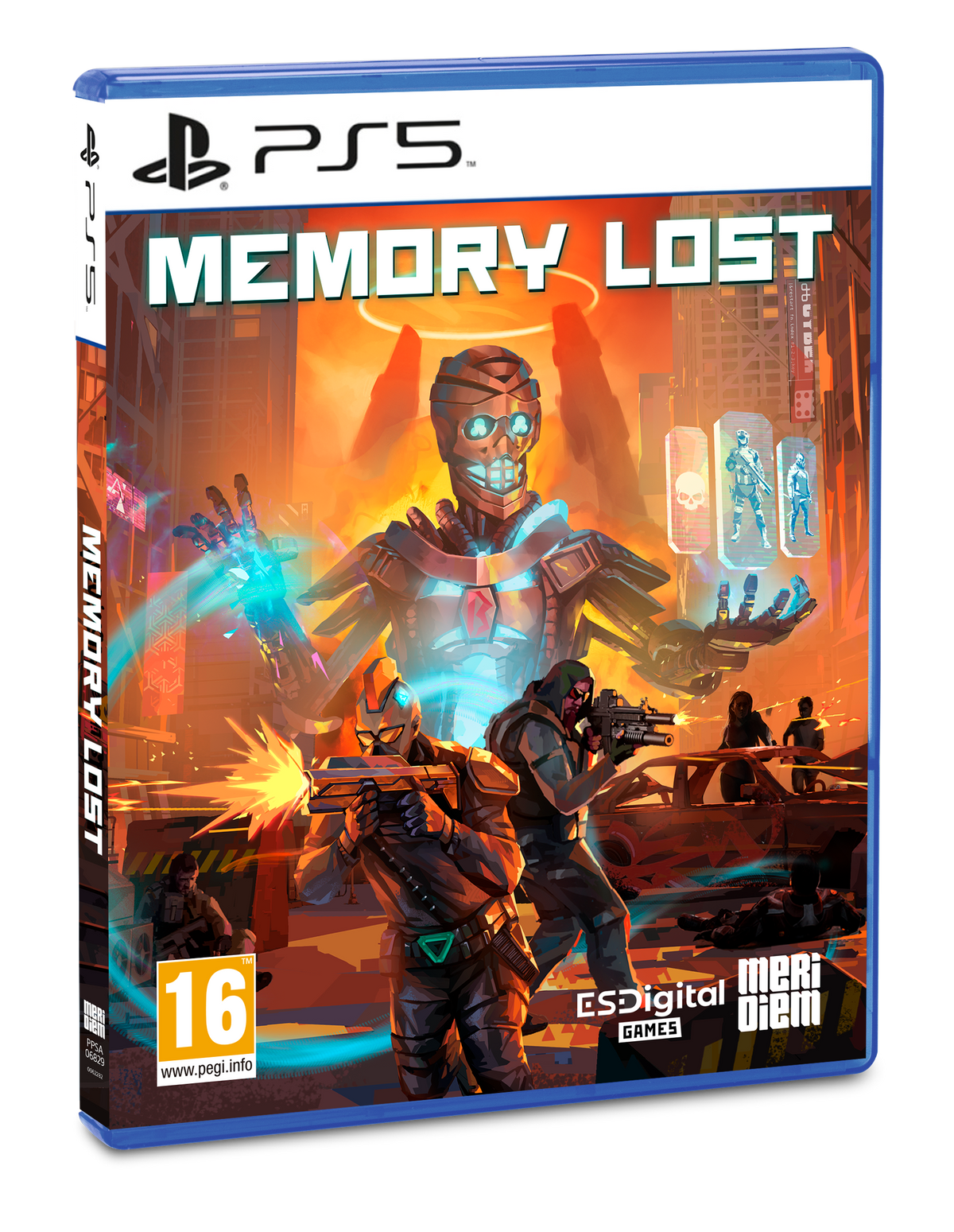 Caja de juego PS5. Cyborg, soldados y ciudad futurista en la portada. Clasificación 16.