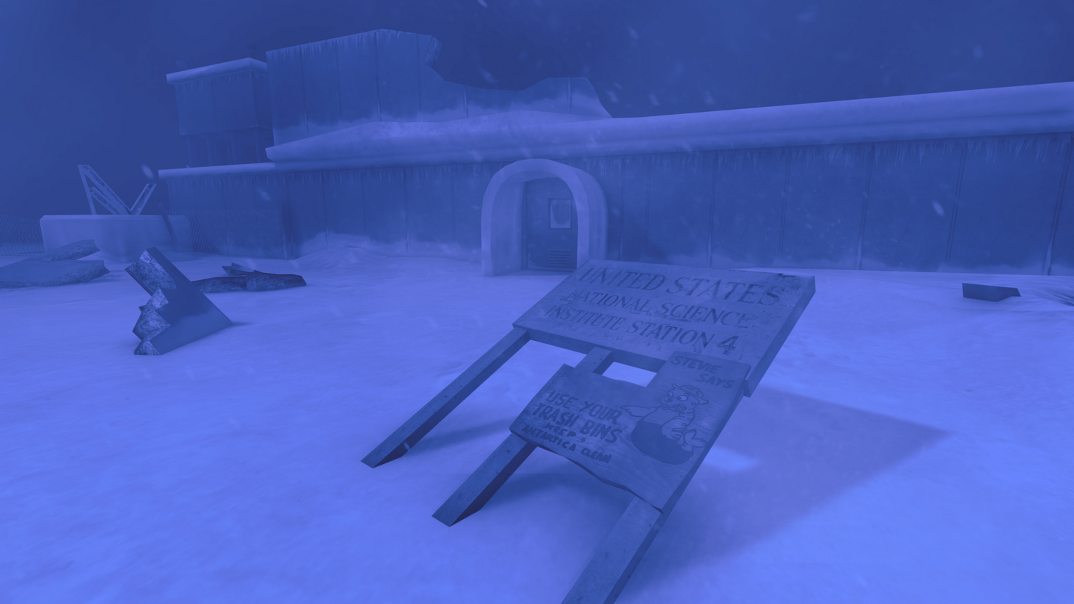 Un paesaggio innevato con un cartello che dice: United States National Science Institute, Station 4.