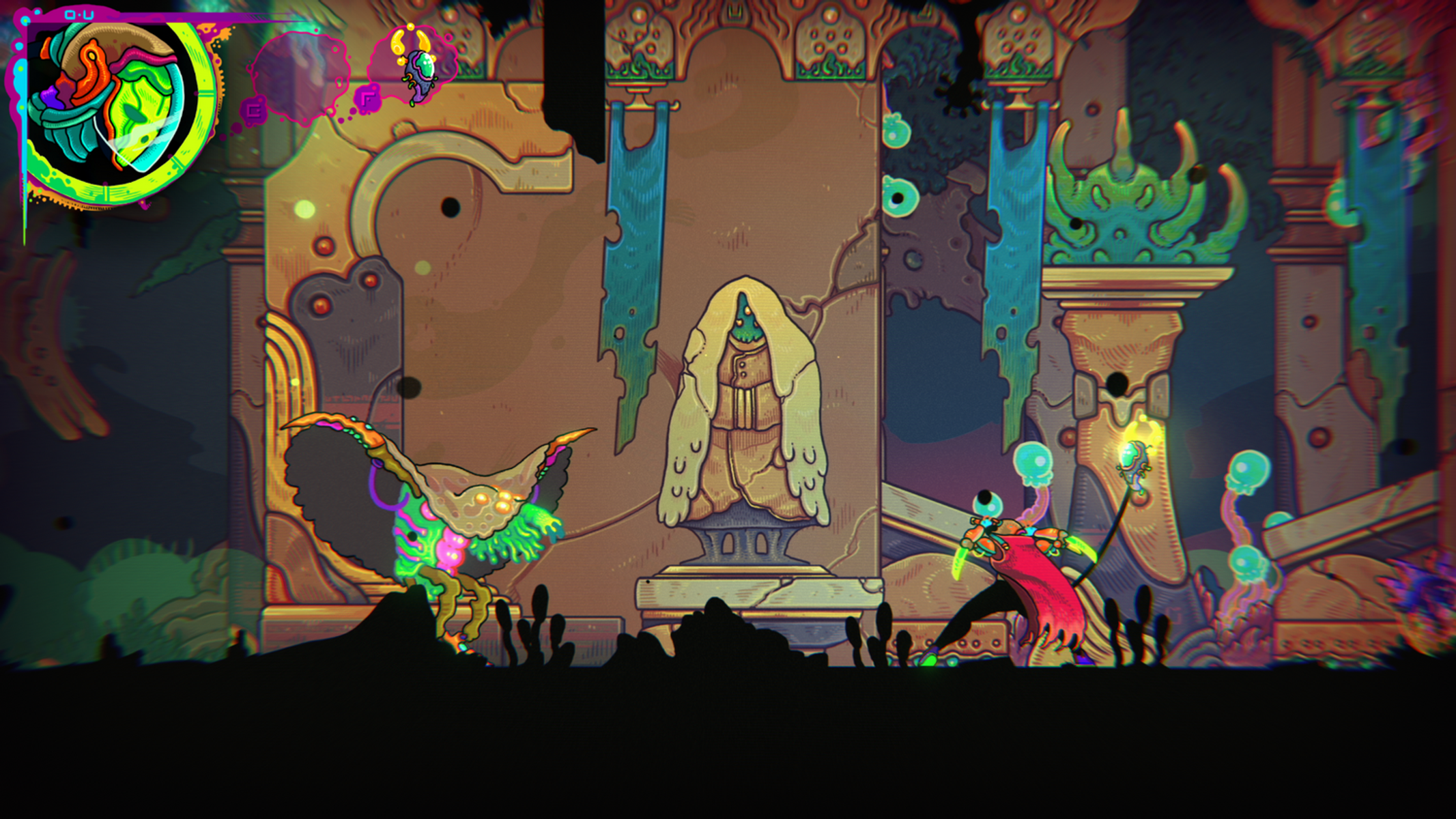 Illustrazione di una scena fantasy con personaggi e architettura.