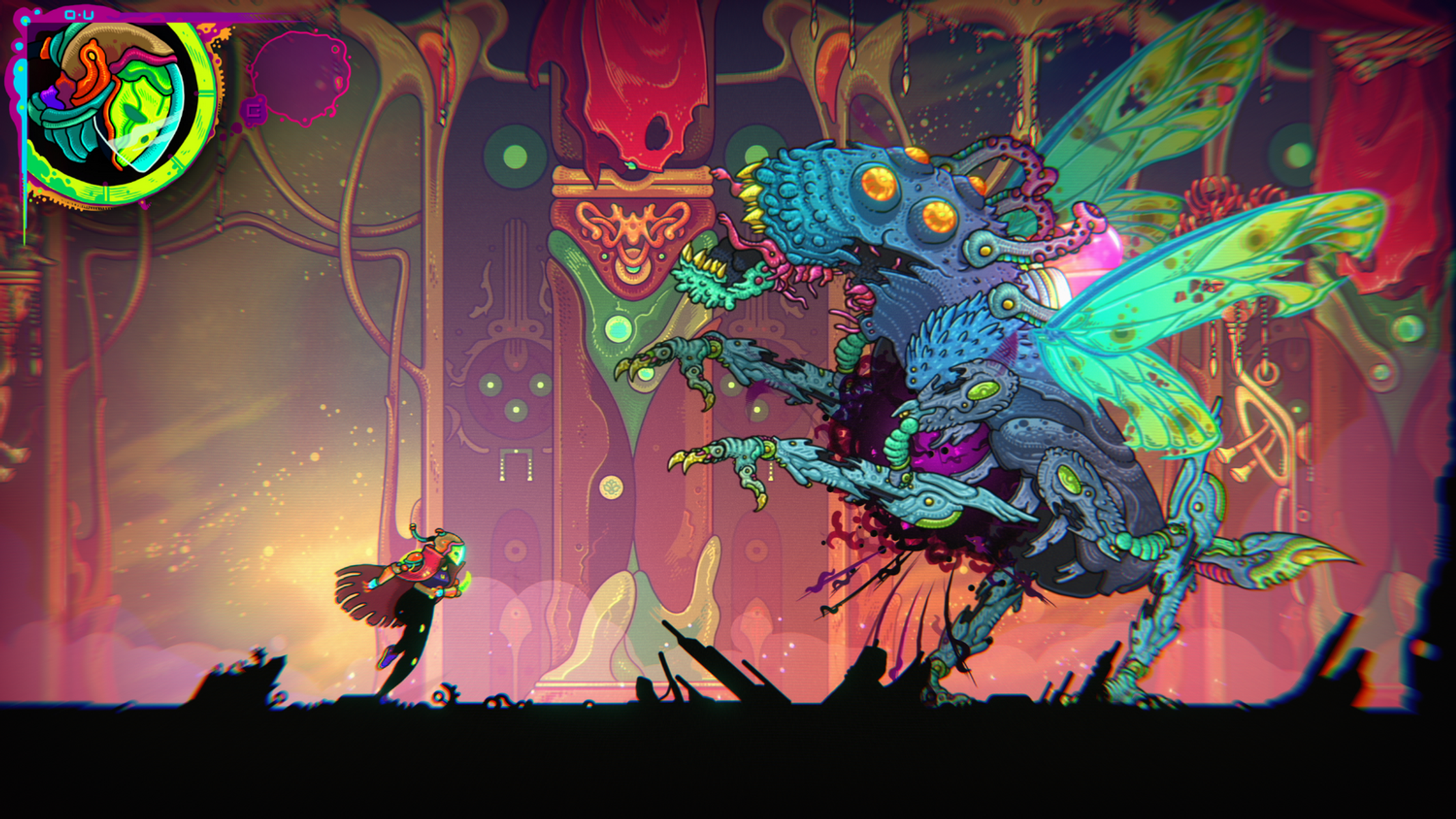 Scena di gioco animata: un personaggio affronta un grande mostro alato.