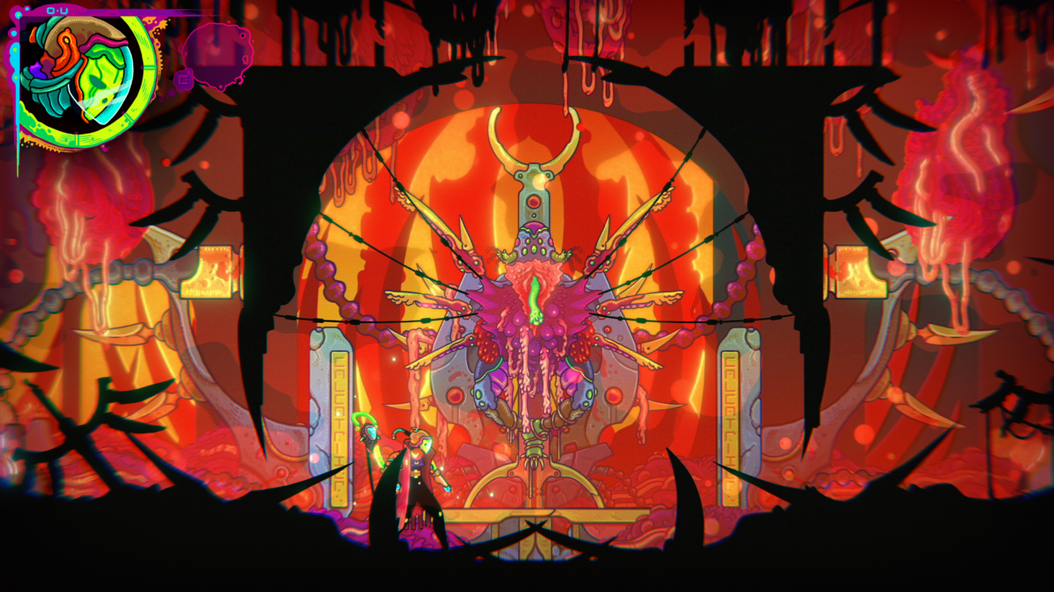 Scena di videogioco stilizzata con un personaggio in un ambiente colorato.