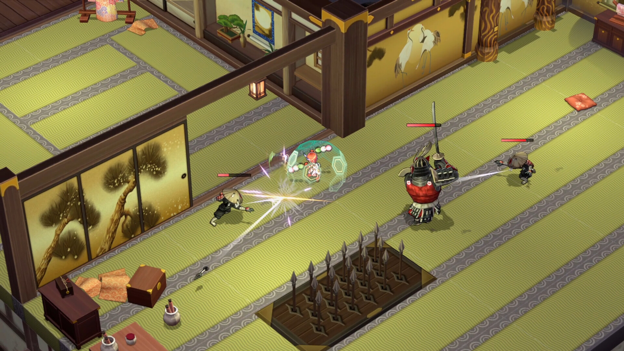 Escena de lucha estilo anime en una habitación tradicional japonesa. Personajes luchando.