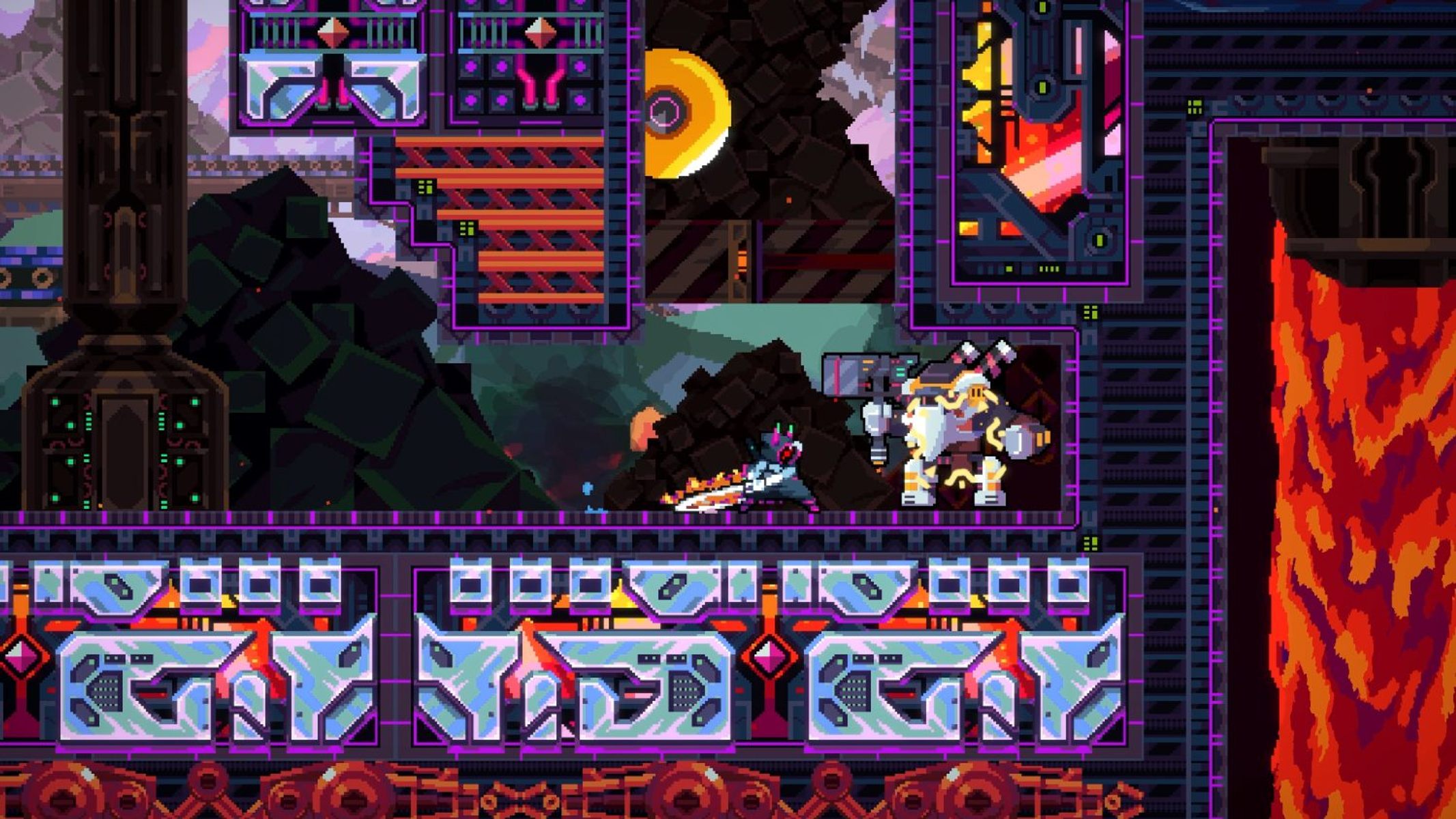 Scena di gioco pixelata. Un robot combatte in un ambiente meccanico complesso. Lava rossa.