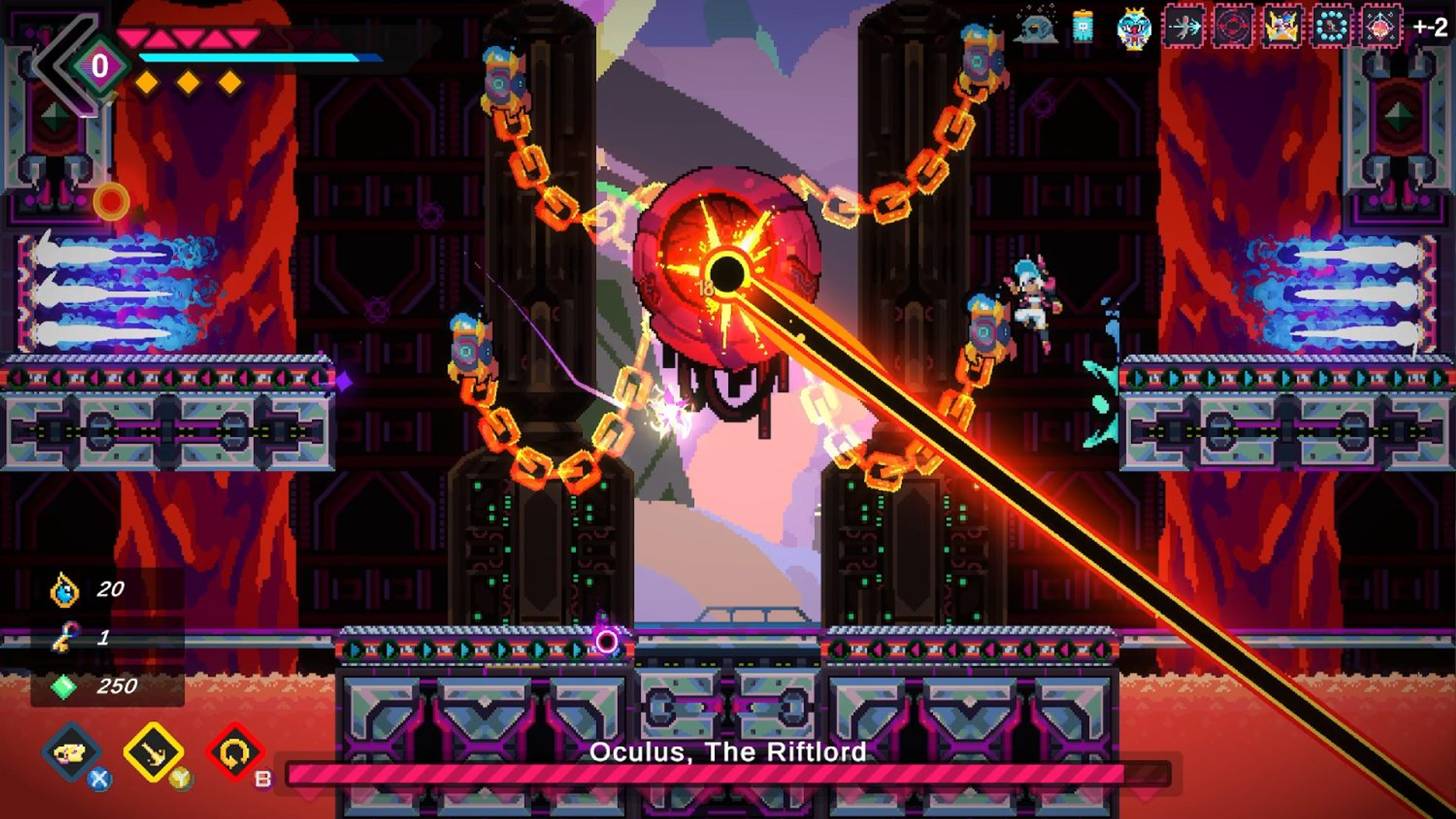 Pixel art: una scena di gioco con un boss, catene e colori rossi e viola.
