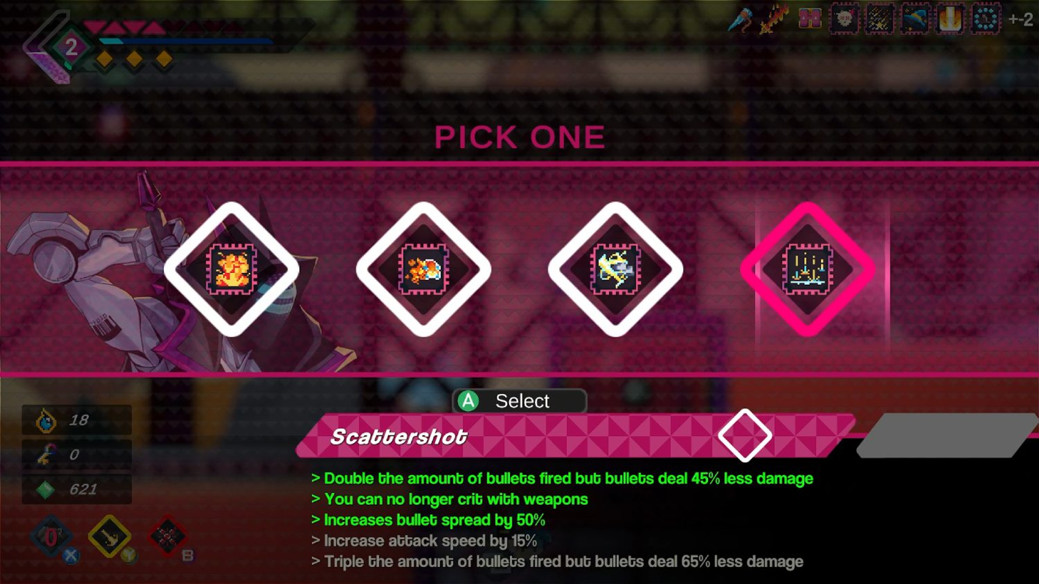 Interfaccia di gioco che mostra opzioni. Il testo include 'Scattershot' e descrizioni degli effetti.