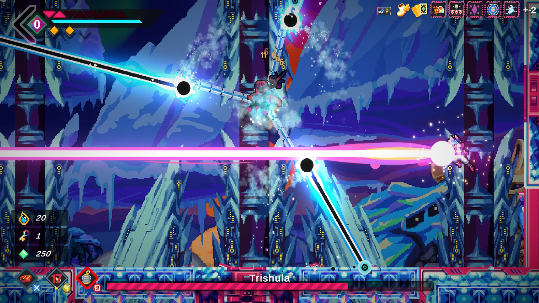 Scena di videogioco pixelata con un personaggio con luci e raggi brillanti.