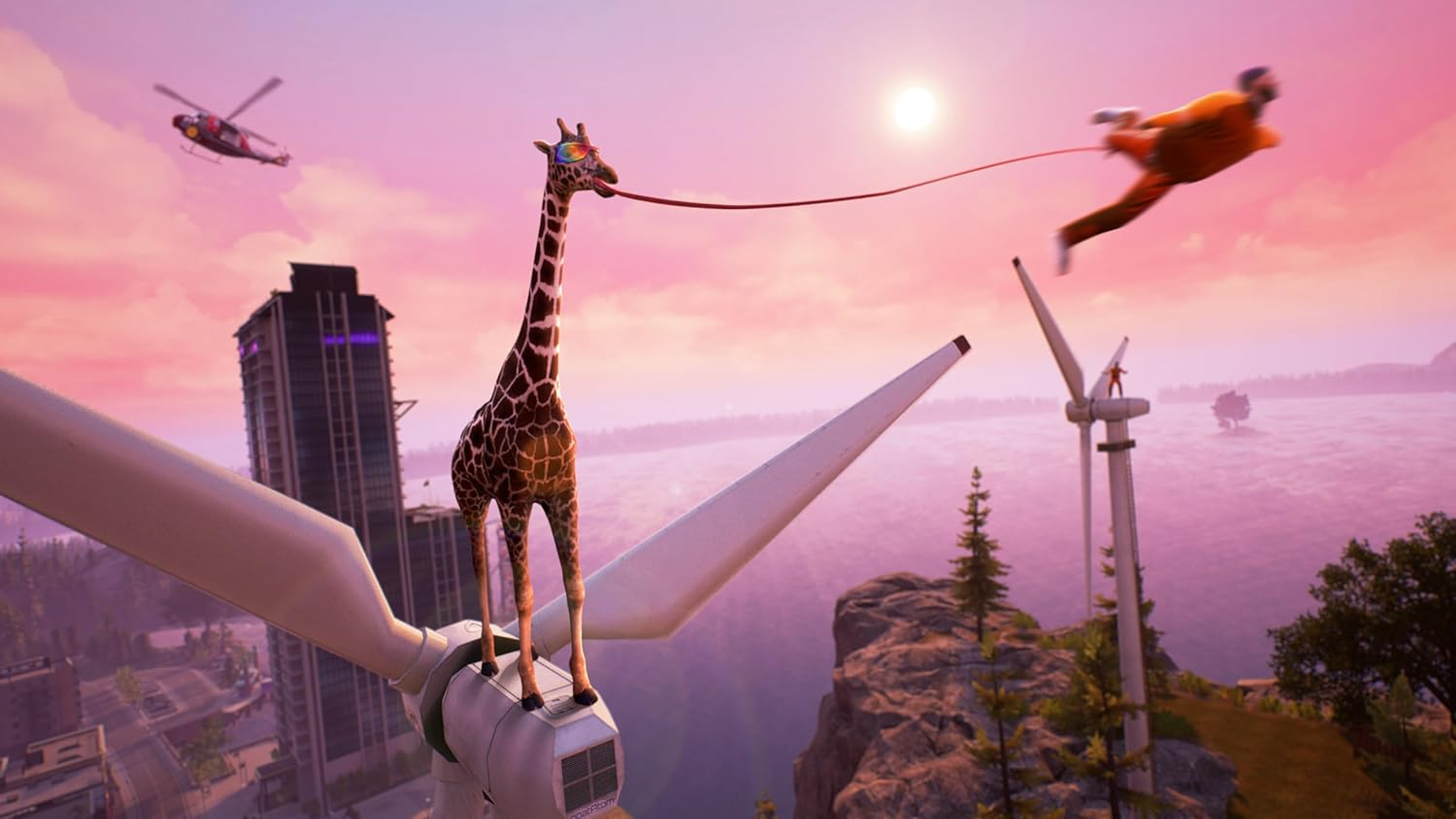 Una giraffa con gli occhiali è in piedi su una turbina eolica. Un uomo vola via, tirato.
