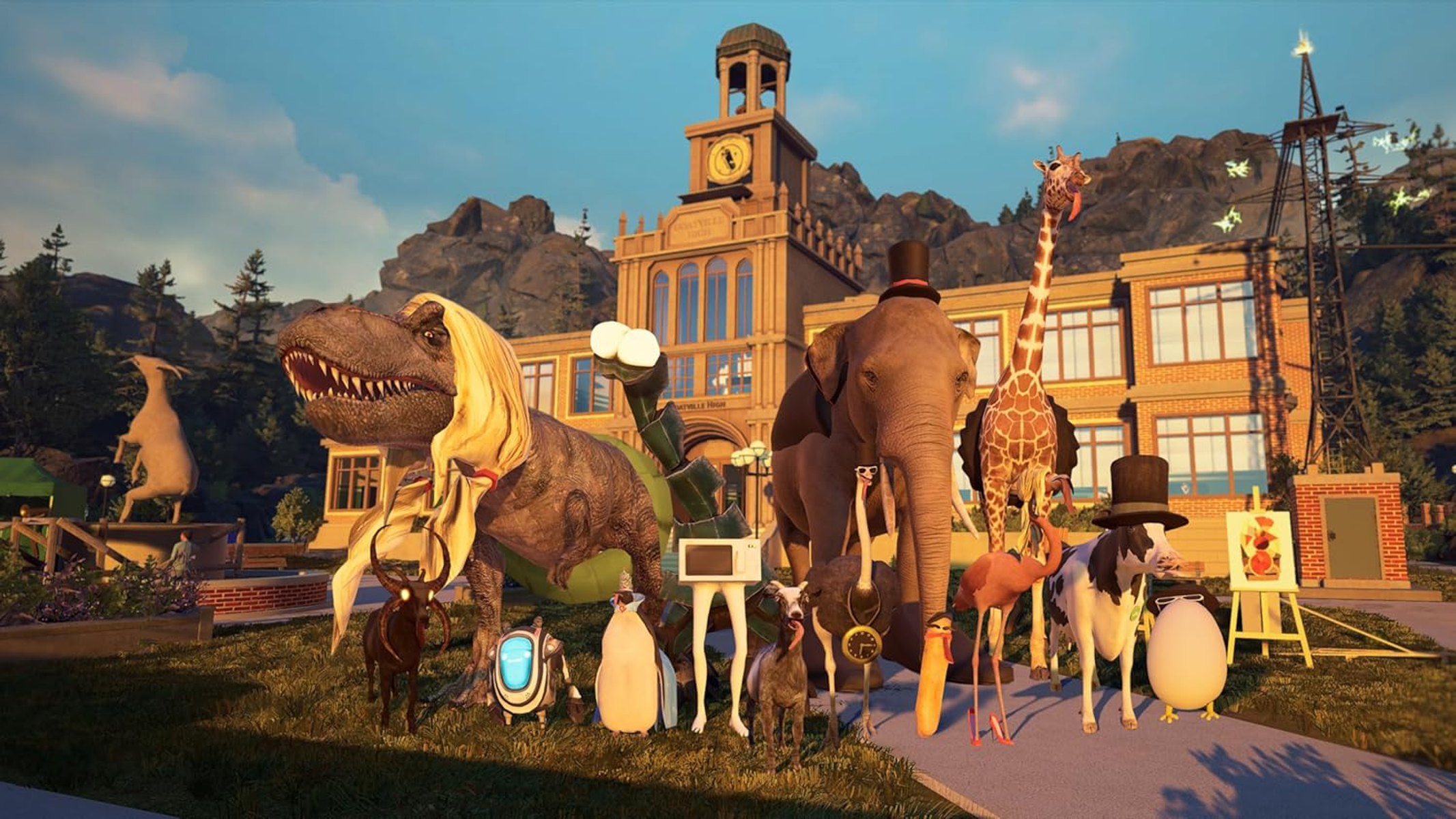 Un gruppo di animali in costume è in piedi di fronte a un edificio. Tra loro ci sono un dinosauro, un elefante e una giraffa.