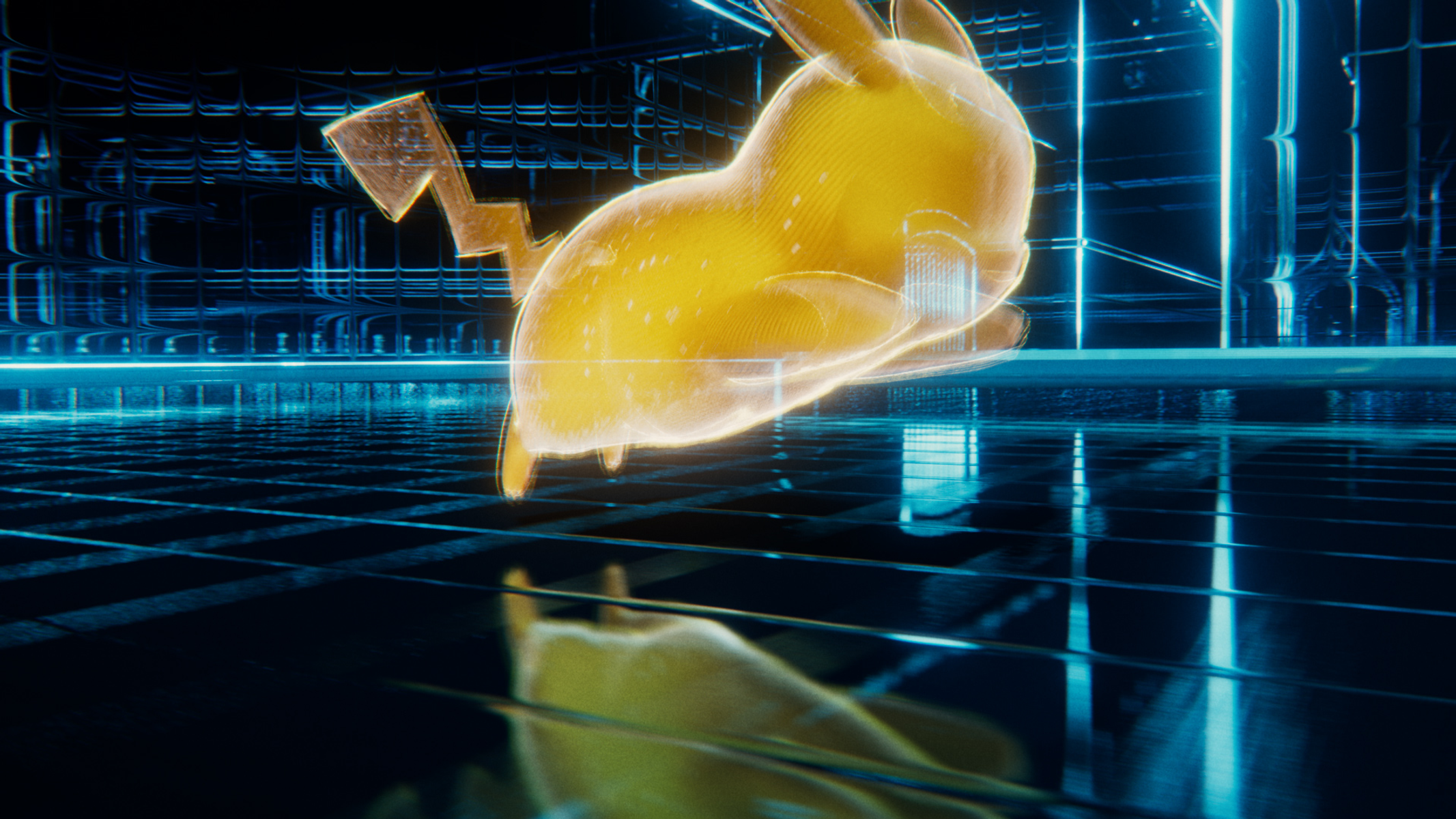 Holograficzny Pikachu, żółty i przezroczysty, w niebieskim otoczeniu z siatką i odbiciami.