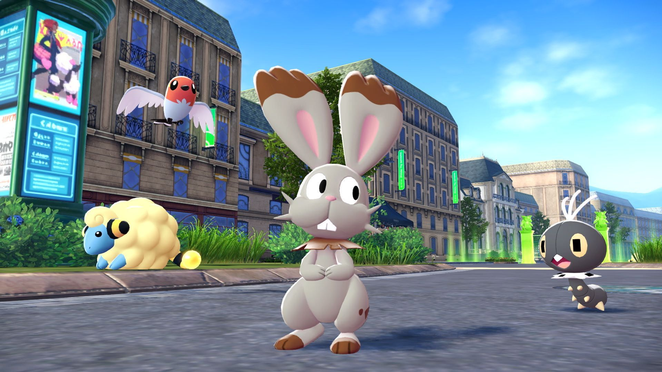 Scena z kreskówki z trzema Pokemonami. Budynki i niebieskie niebo w tle.