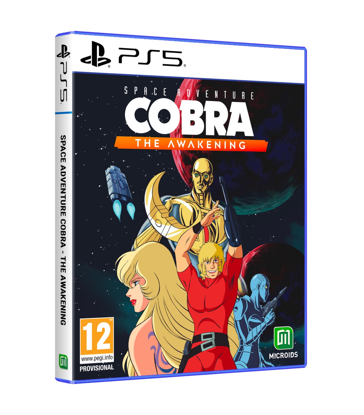 La portada de un juego de PS5, con personajes de dibujos animados y el título 'Space Adventure Cobra'.