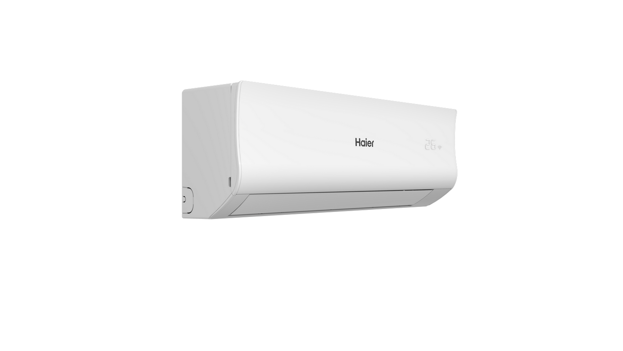 Aire acondicionado Haier blanco sobre fondo negro. La marca es visible.