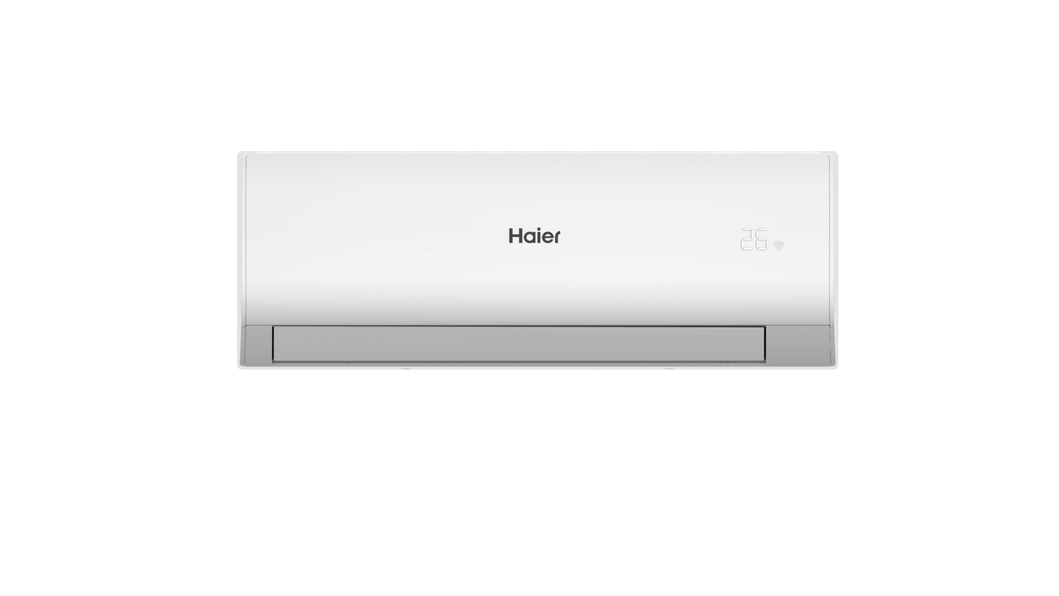 Aire acondicionado blanco Haier, montado sobre fondo negro, mostrando la marca.