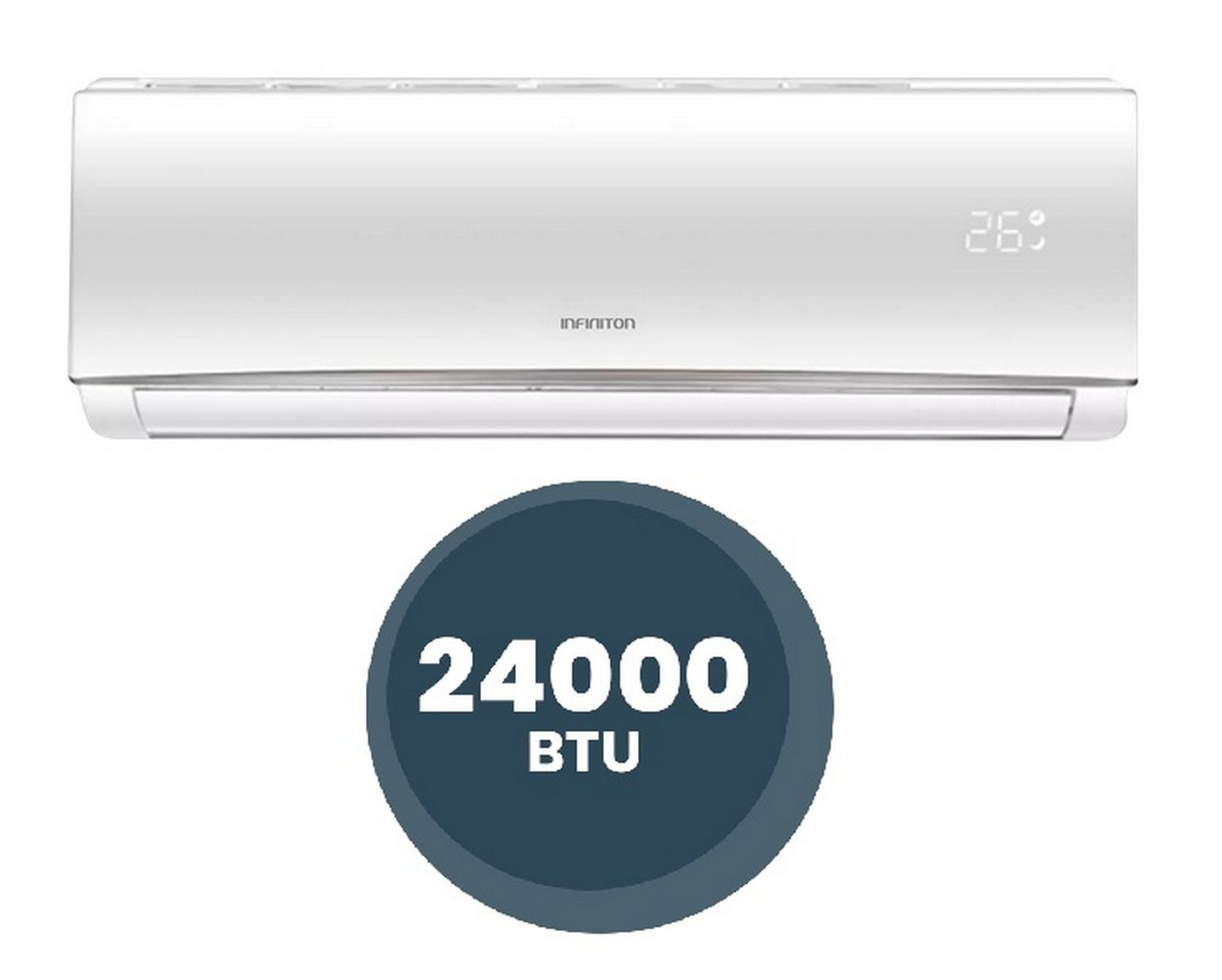Aire acondicionado blanco con pantalla digital que muestra 26. Logotipo de 24000 BTU debajo. Fondo blanco.
