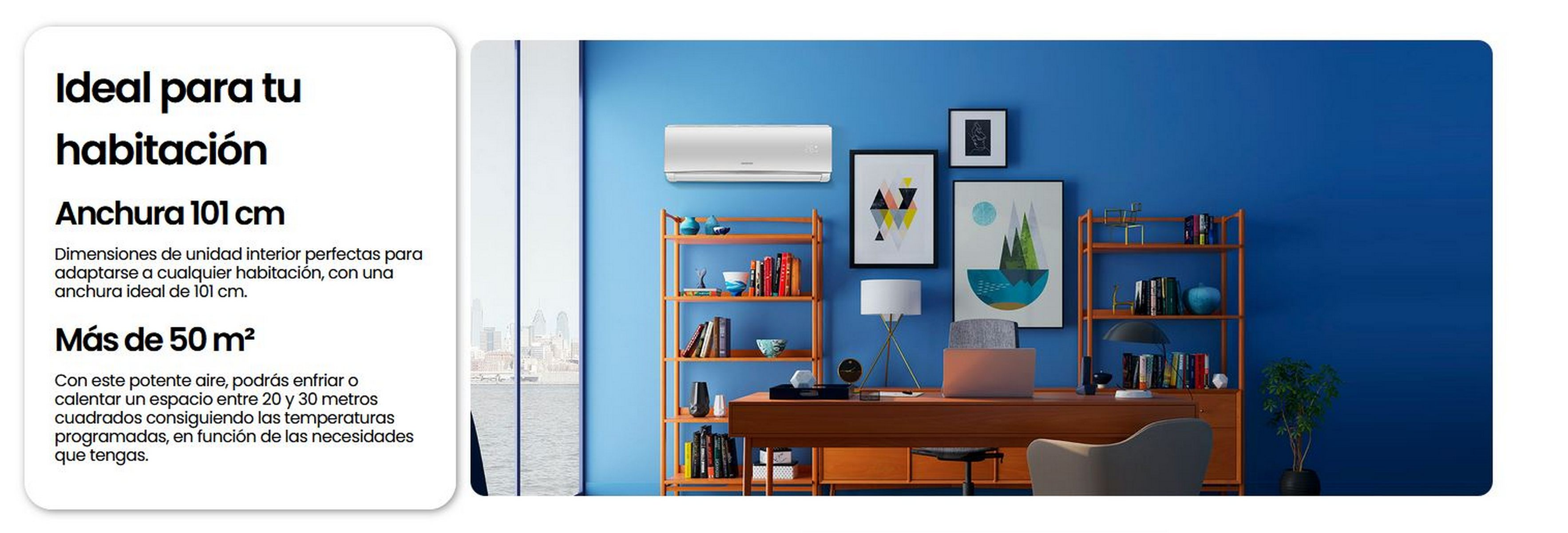 Una escena interior con aire acondicionado, escritorio y obras de arte en una pared azul.