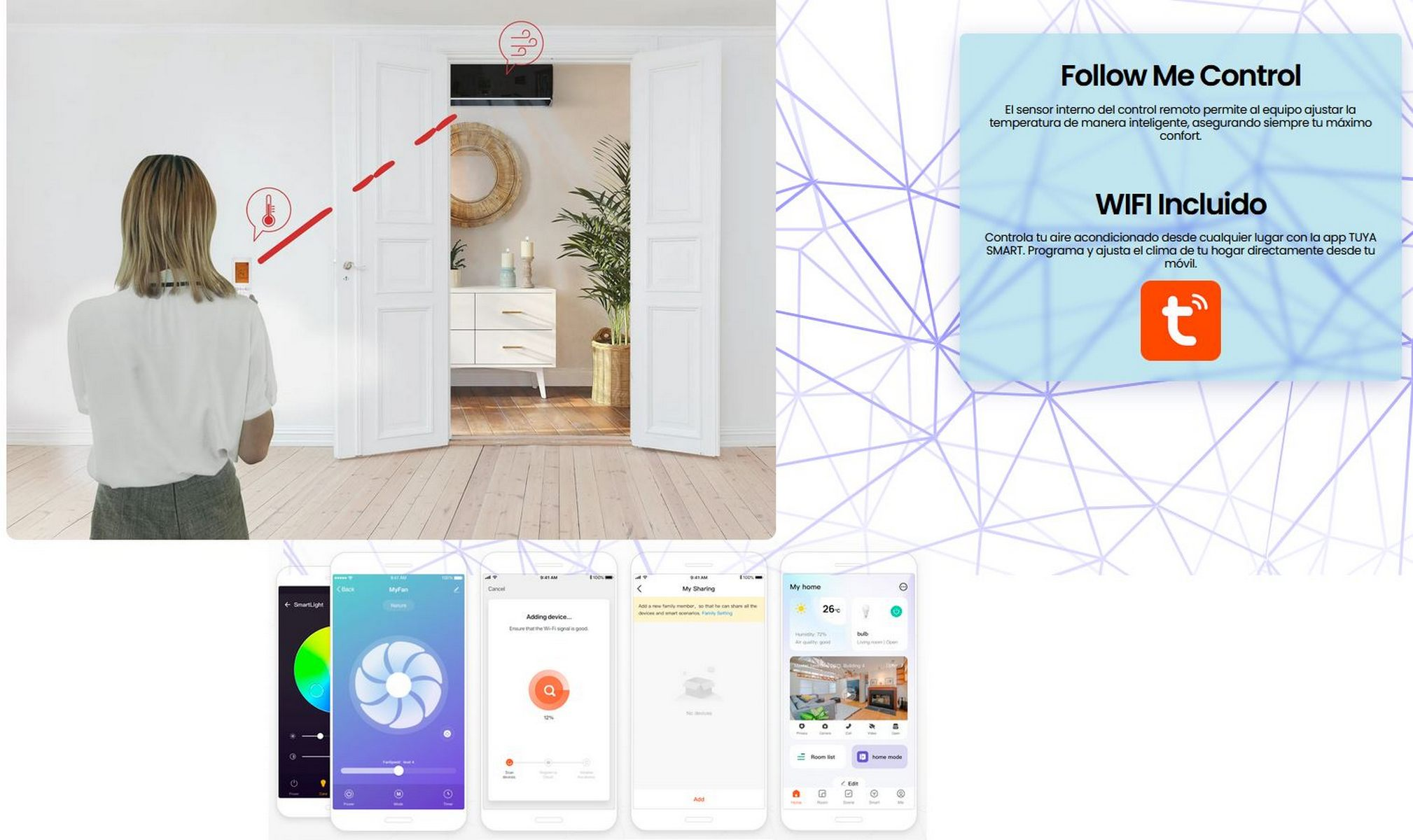 Mujer usando una app de hogar inteligente en un teléfono para controlar una unidad de AC con 'Follow Me Control'.
