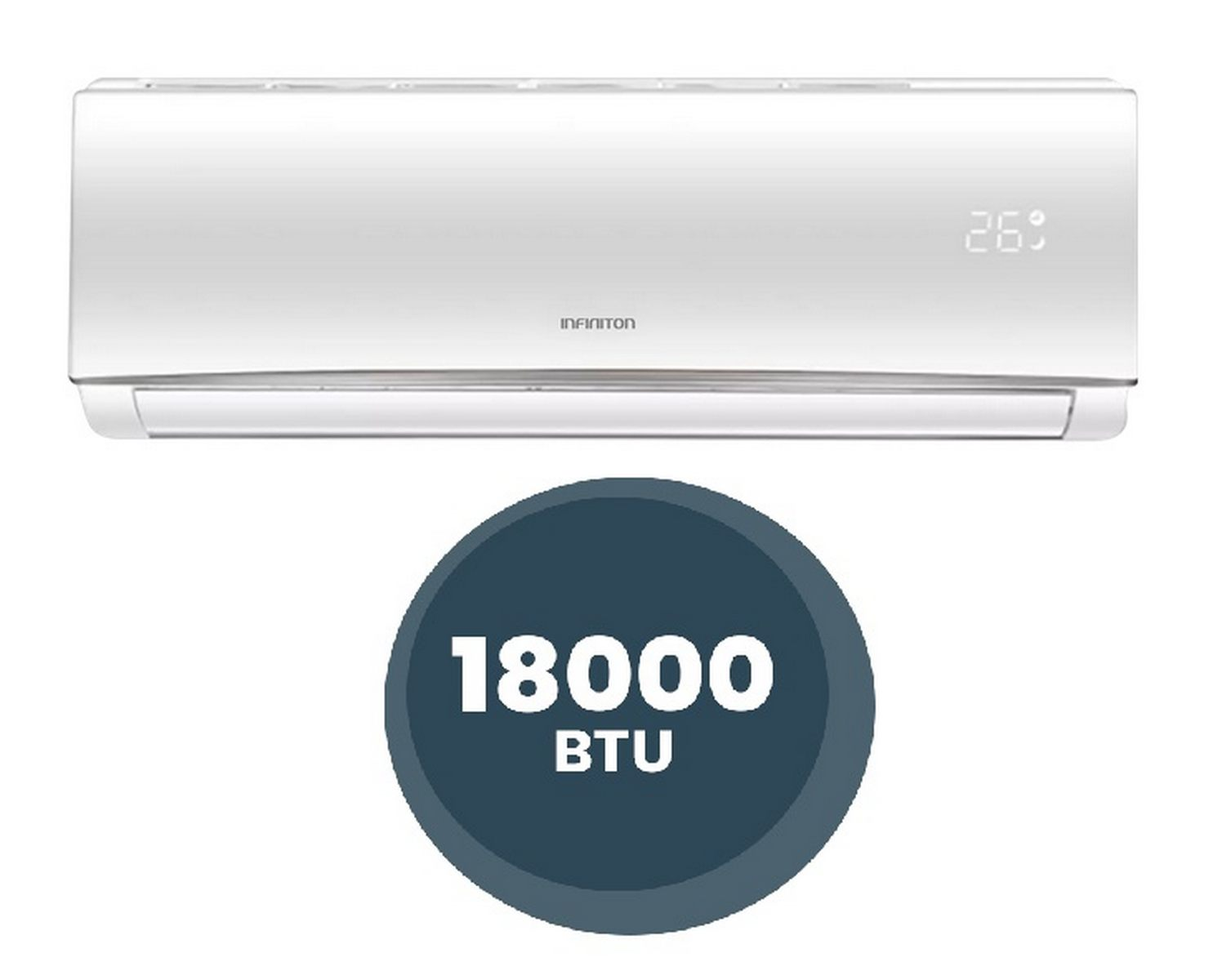 Aire acondicionado blanco, con etiqueta de 18000 BTU, montado sobre fondo blanco.