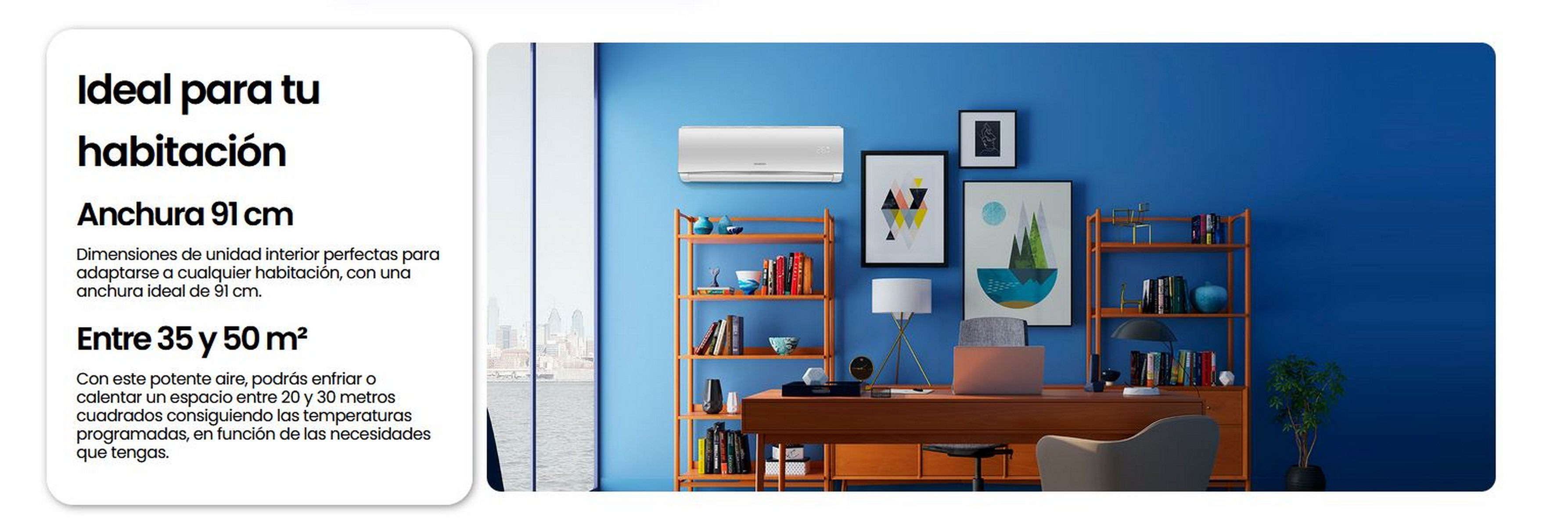 Aire acondicionado en una habitación con escritorio, decoración y texto sobre el producto.