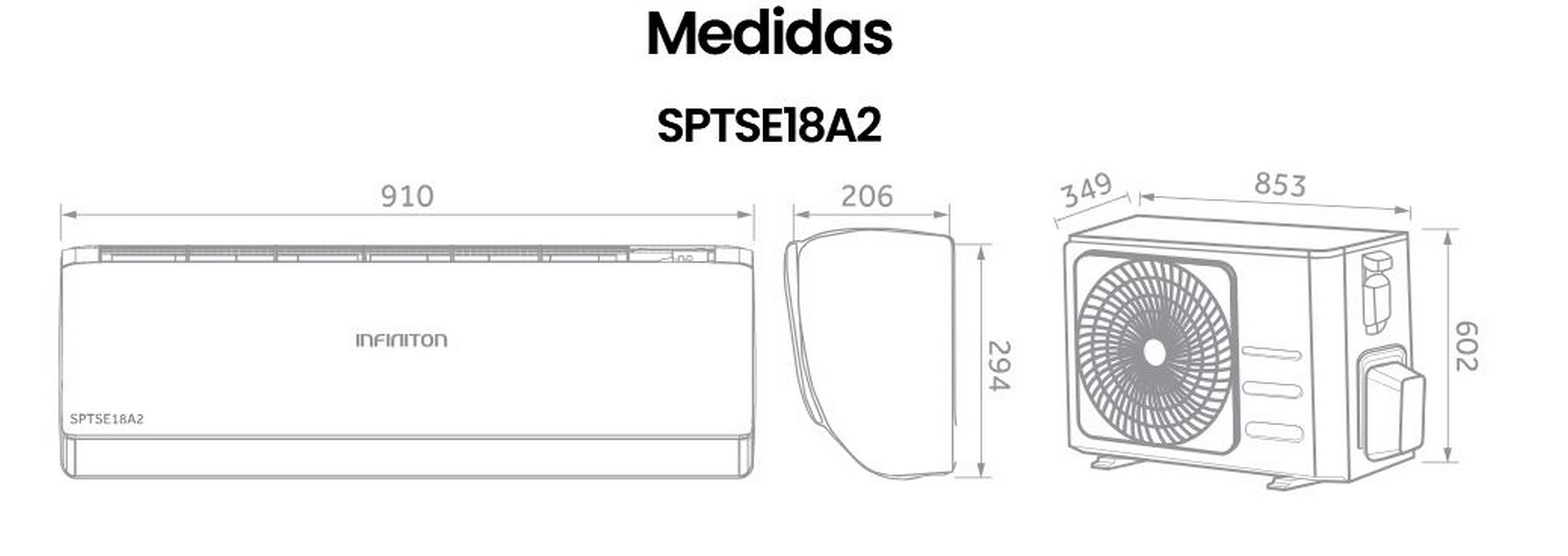 Dibujo lineal de un aire acondicionado mostrando dimensiones y medidas.