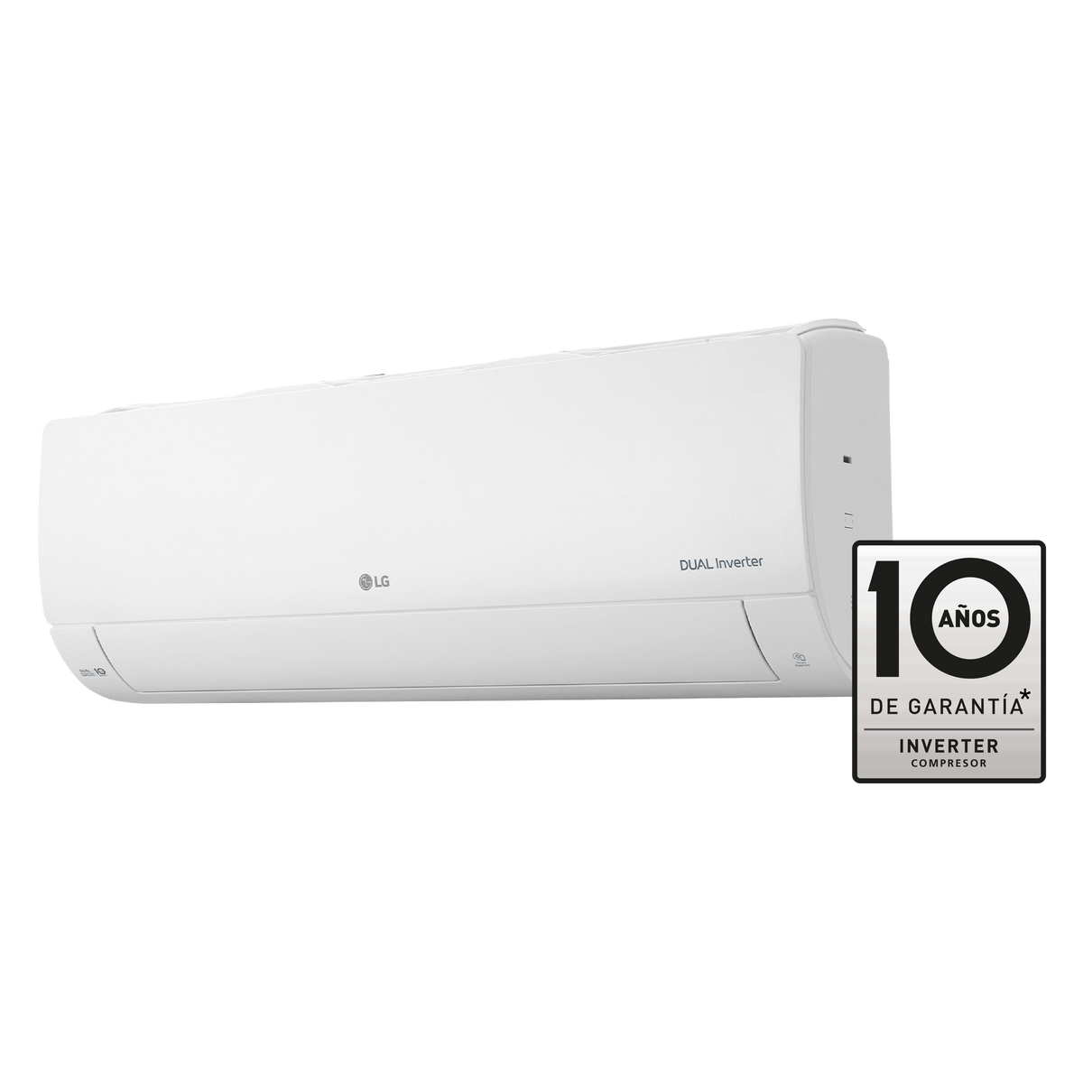 Un aire acondicionado LG blanco con fondo negro y una pegatina de garantía de 10 años.