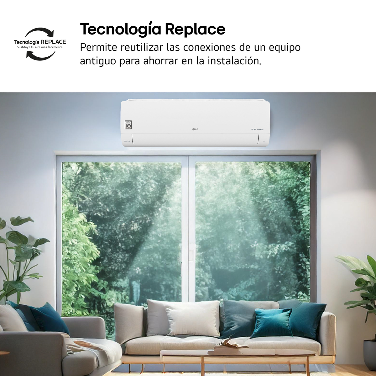 Aire acondicionado instalado en una habitación. Sofá y ventana al fondo. Texto: Reemplazar tecnología.