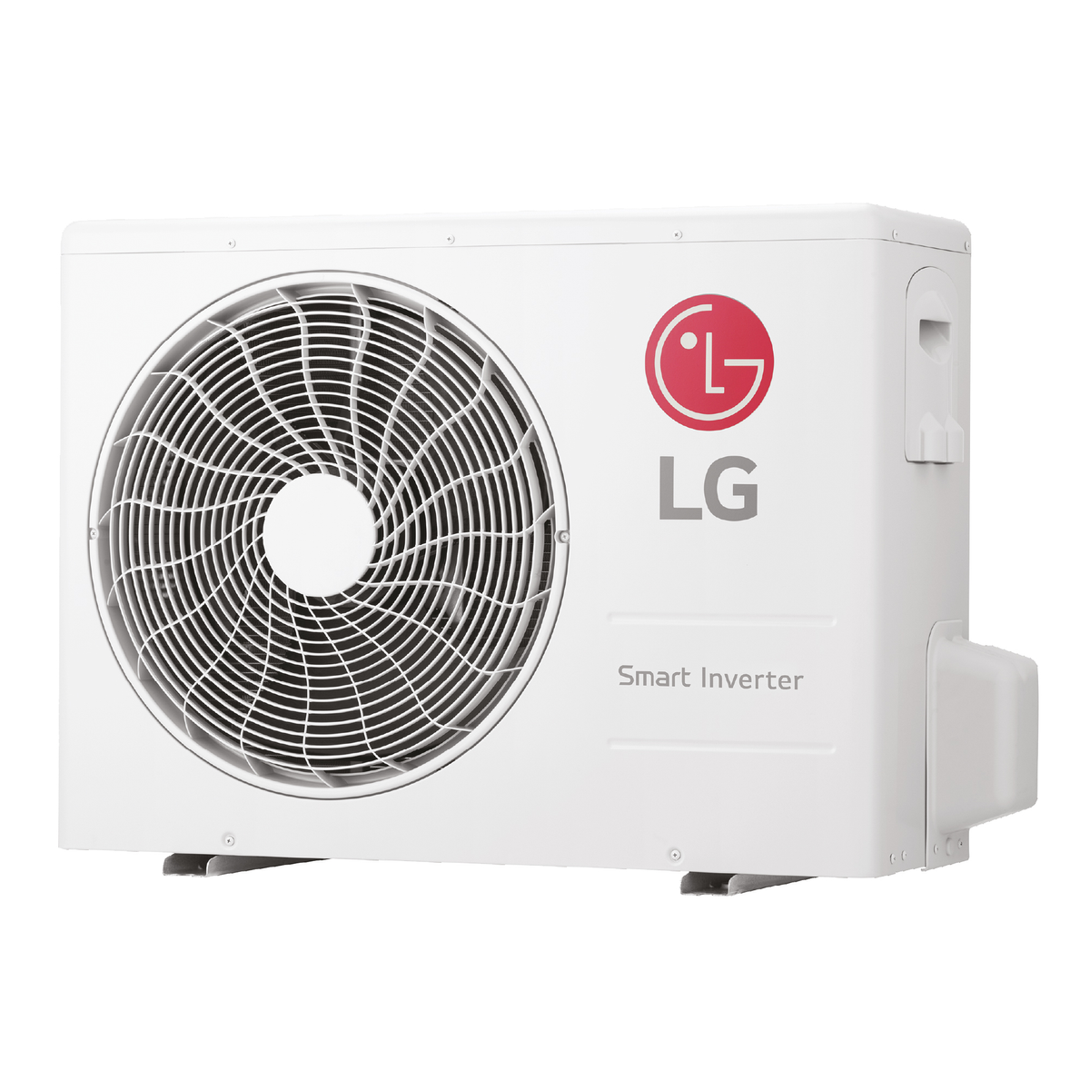 Una unidad de aire acondicionado con inversor inteligente LG blanca, con un ventilador visible a la izquierda.