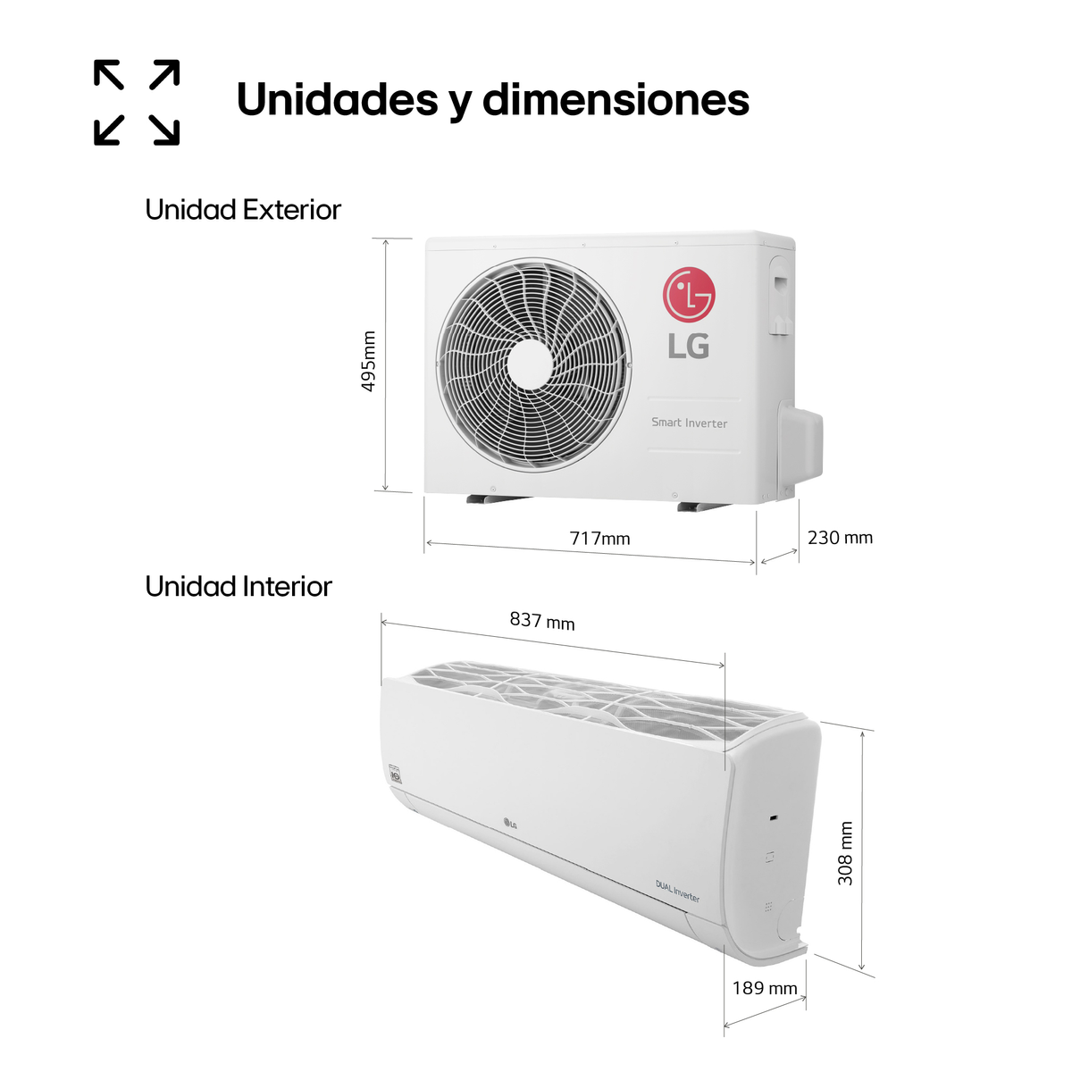Una unidad de aire acondicionado LG con dimensiones detalladas, sobre un fondo blanco. Incluye una unidad interior.