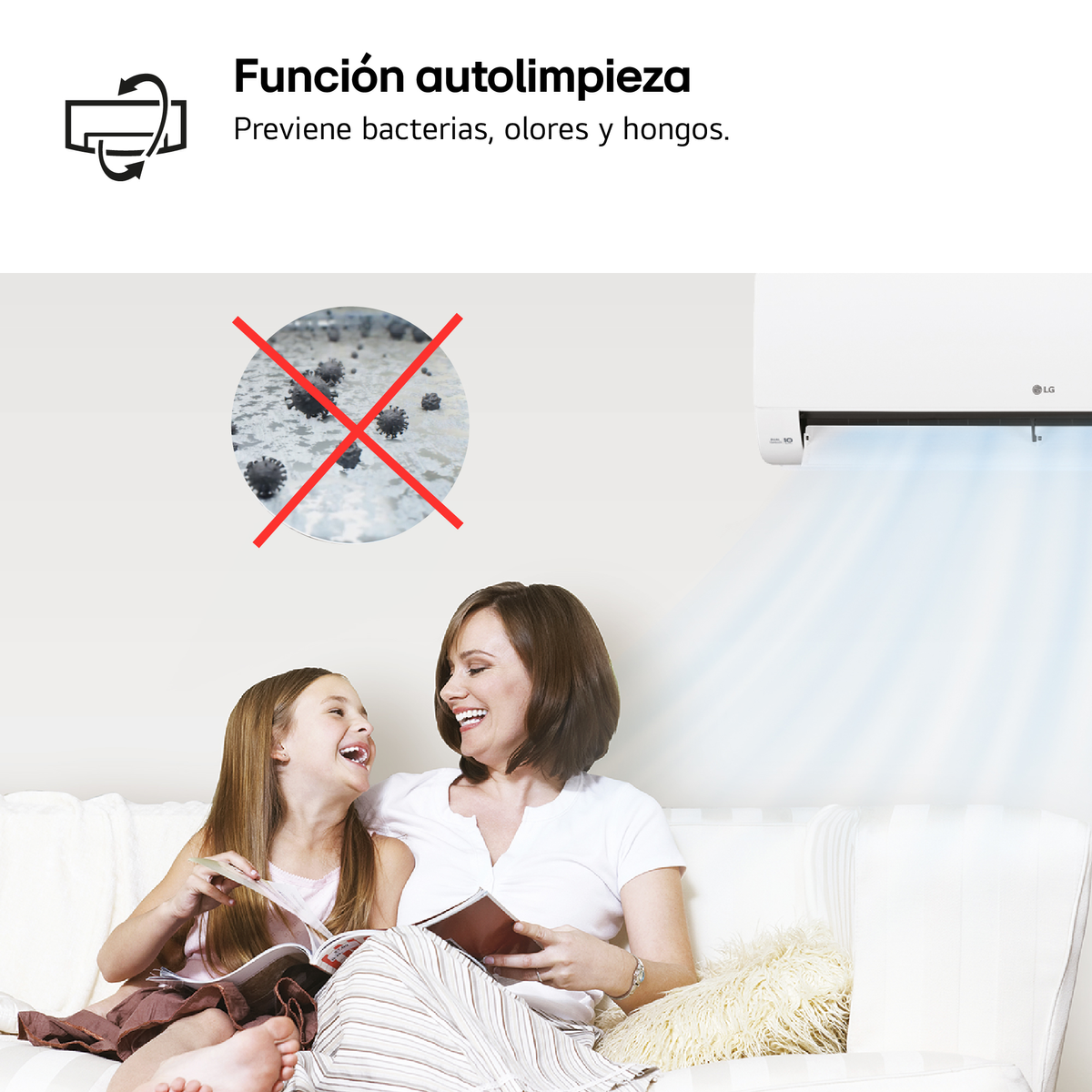 Una mujer y una niña ríen frente a un aire acondicionado. Un gráfico muestra bacterias tachadas.