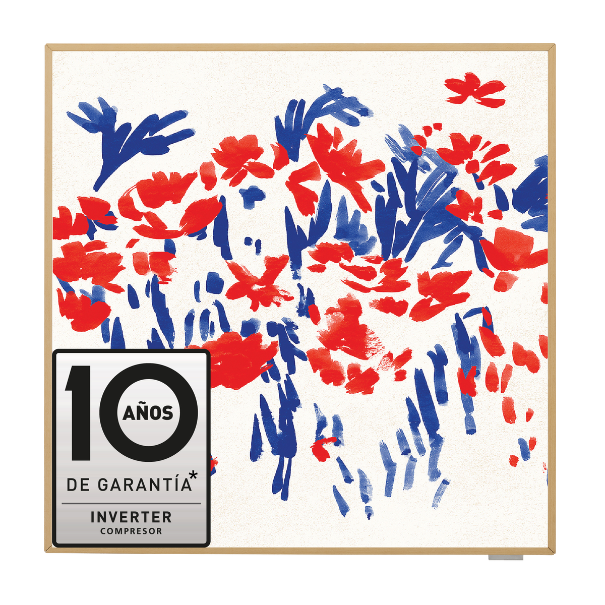 Pintura abstracta de flores rojas y azules sobre fondo blanco, enmarcada con un marco de madera.