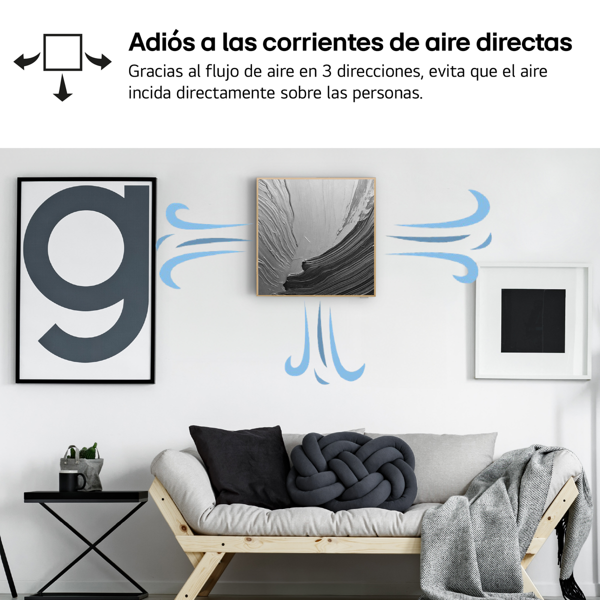 Pared con arte. Texto sobre el flujo de aire, con una gran obra de arte G y un cuadrado negro.