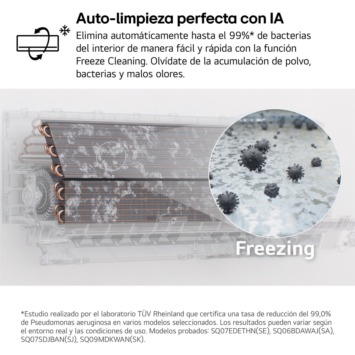 Primer plano de las partes internas de un aire acondicionado, el texto dice 'Freezing'.