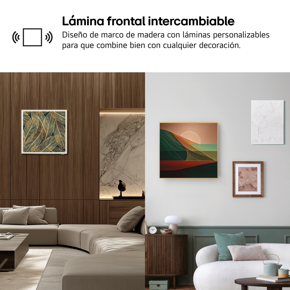 Una habitación con arte en la pared, un sofá y un mueble de madera. El texto está en español.