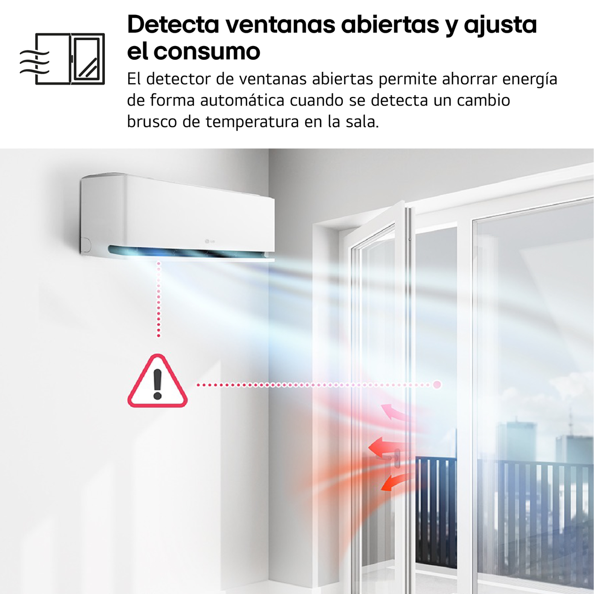 Aire acondicionado en pared blanca, puerta abierta, señal de advertencia roja.