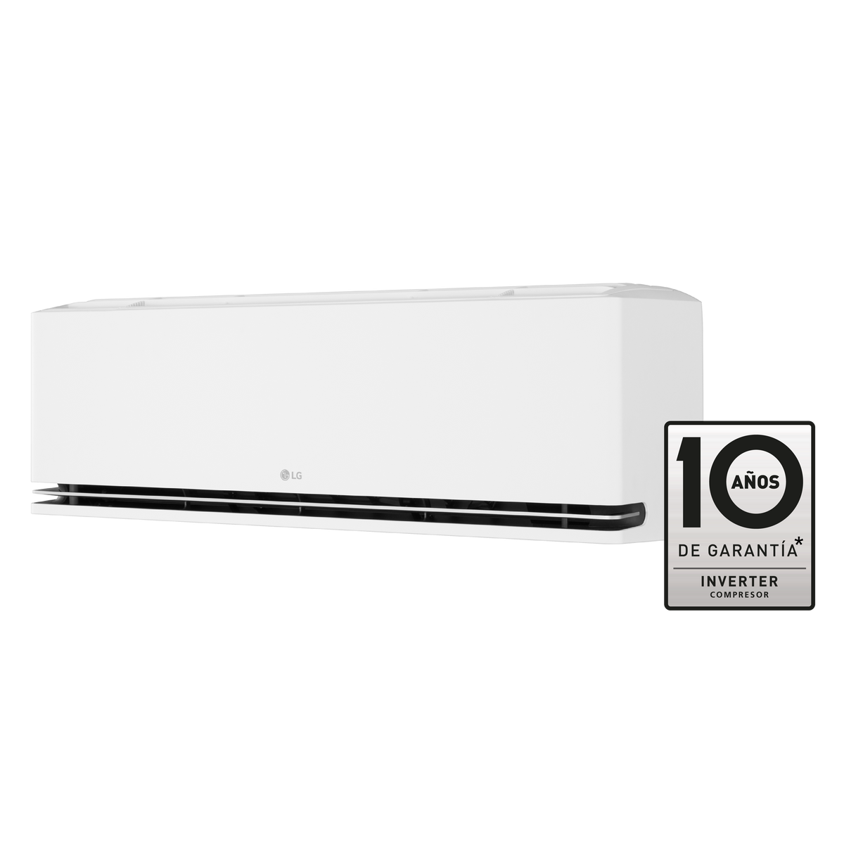Un aire acondicionado LG blanco sobre fondo negro con una insignia de garantía de 10 años.