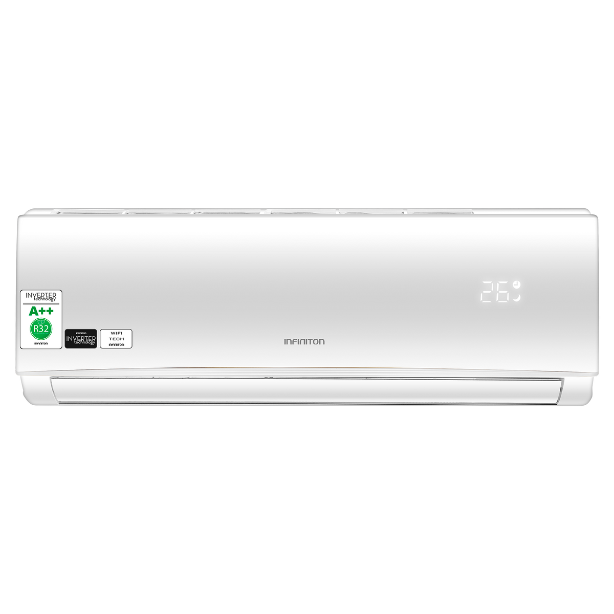 Un aire acondicionado blanco con una pantalla digital que muestra 26 grados, con logotipos y texto.