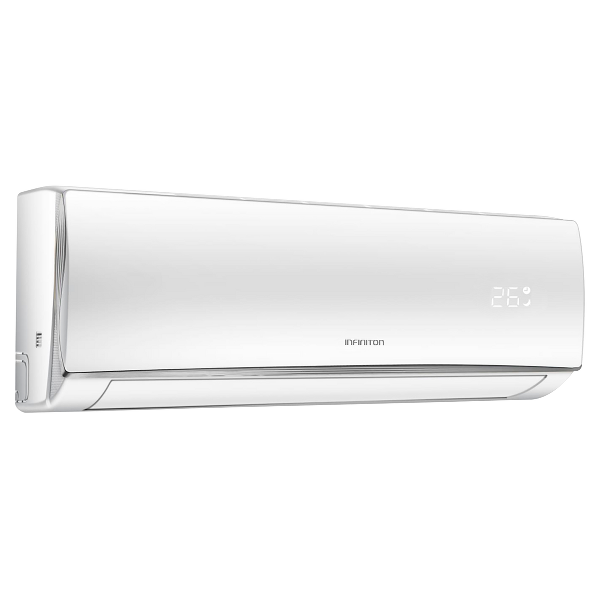 Aire acondicionado blanco Infinition con pantalla digital que muestra 26 grados.