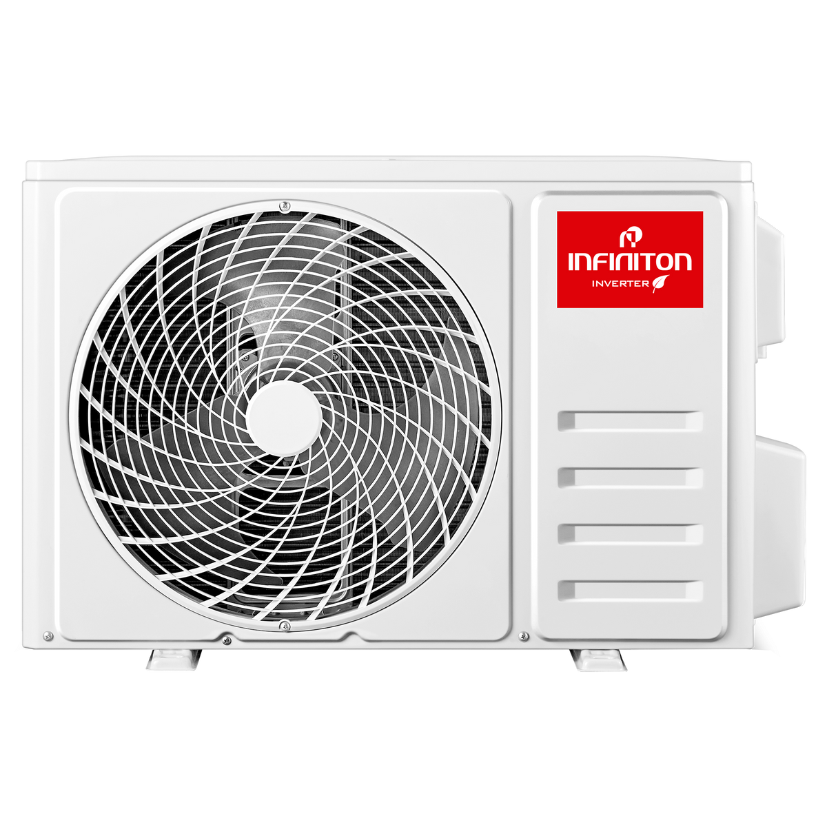 Unidad exterior de aire acondicionado blanca con ventilador y la marca Infiniton en rojo.