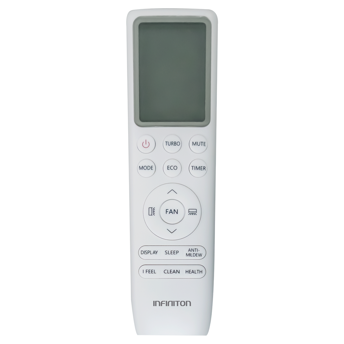 Mando a distancia blanco de aire acondicionado, con botones como modo, ventilador, temporizador.