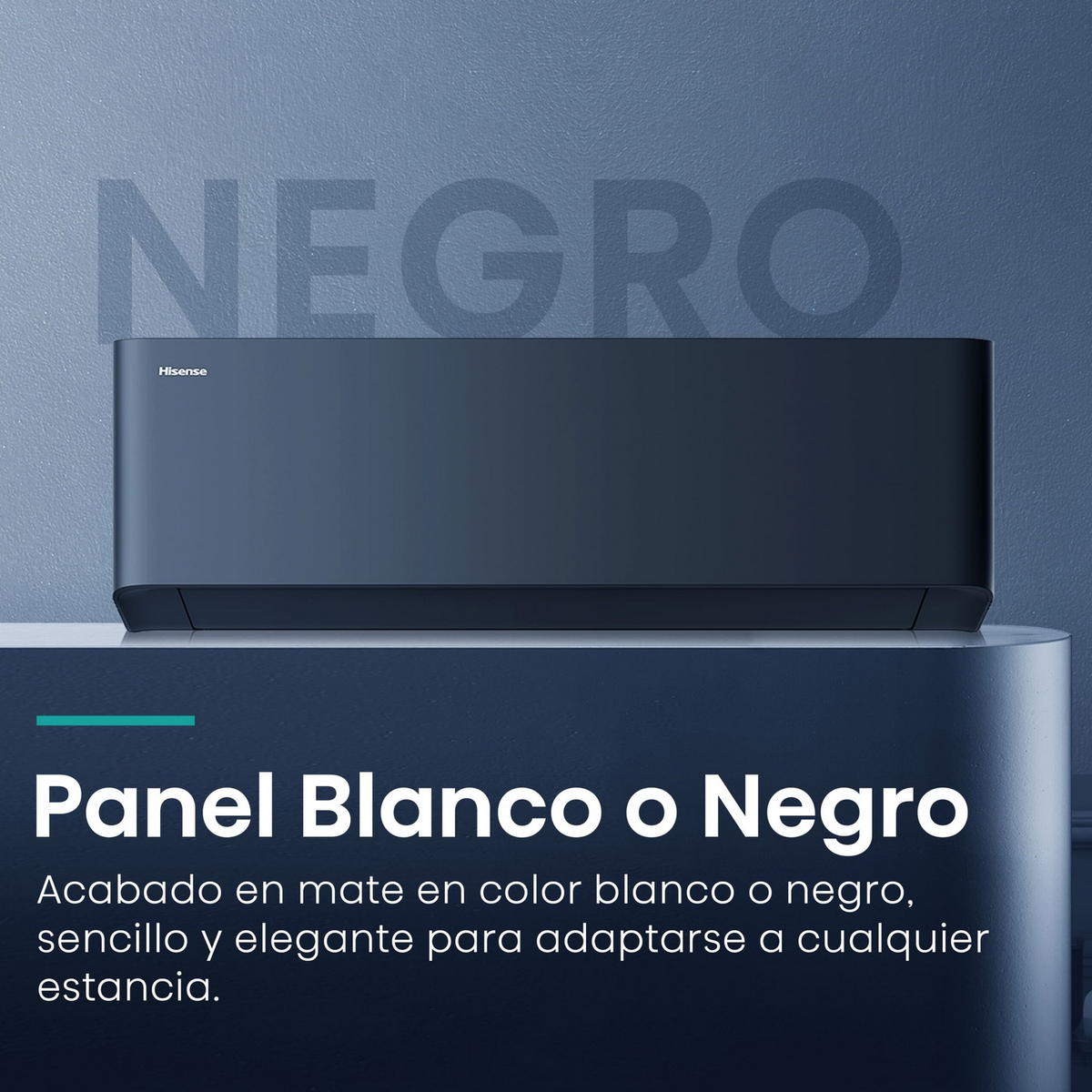 Aire acondicionado negro sobre fondo azul. Texto 'Panel Blanco o Negro' y 'Negro' arriba.