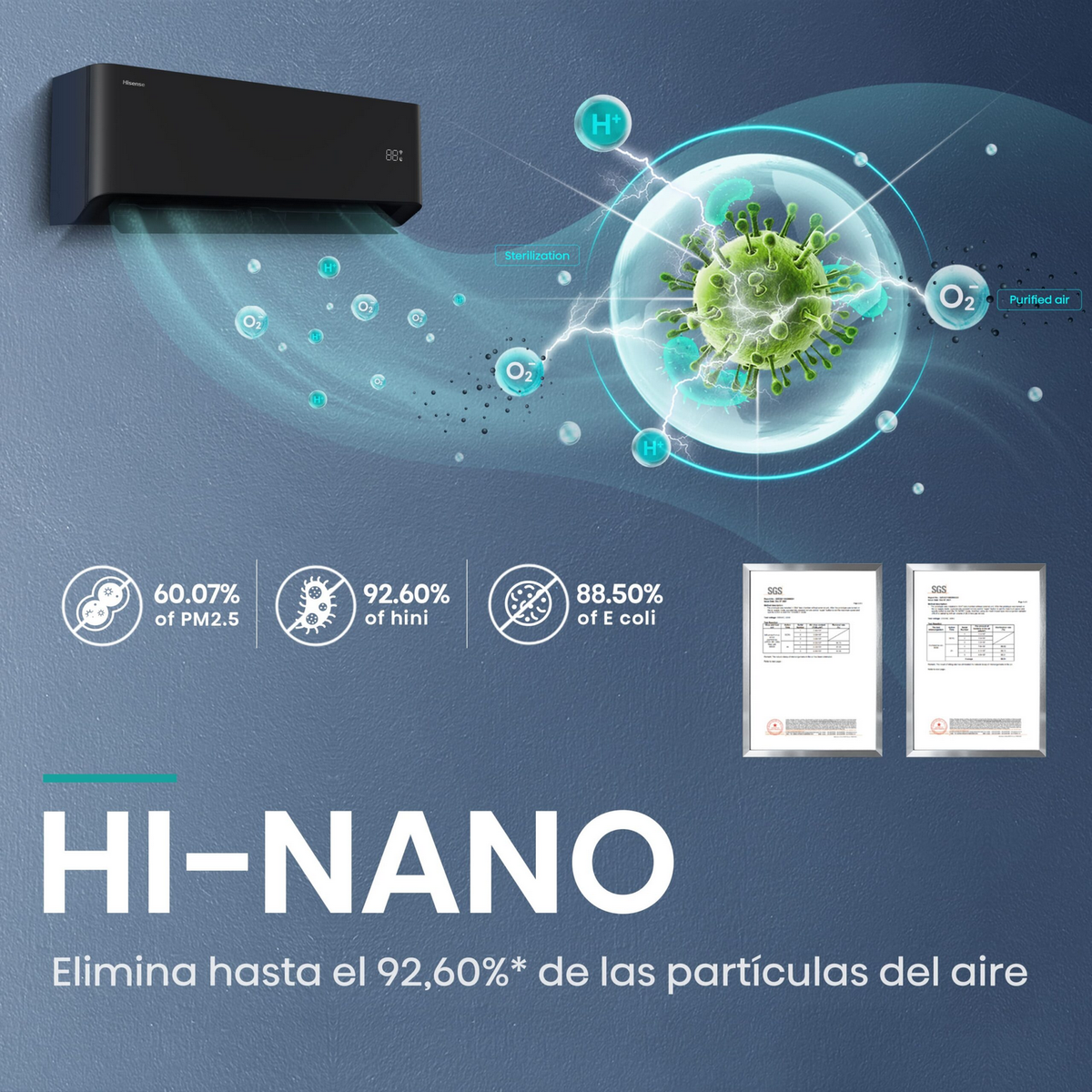 Aire acondicionado negro con diagramas y estadísticas de purificación de aire, incluyendo porcentajes de PM2.5 y E. coli.