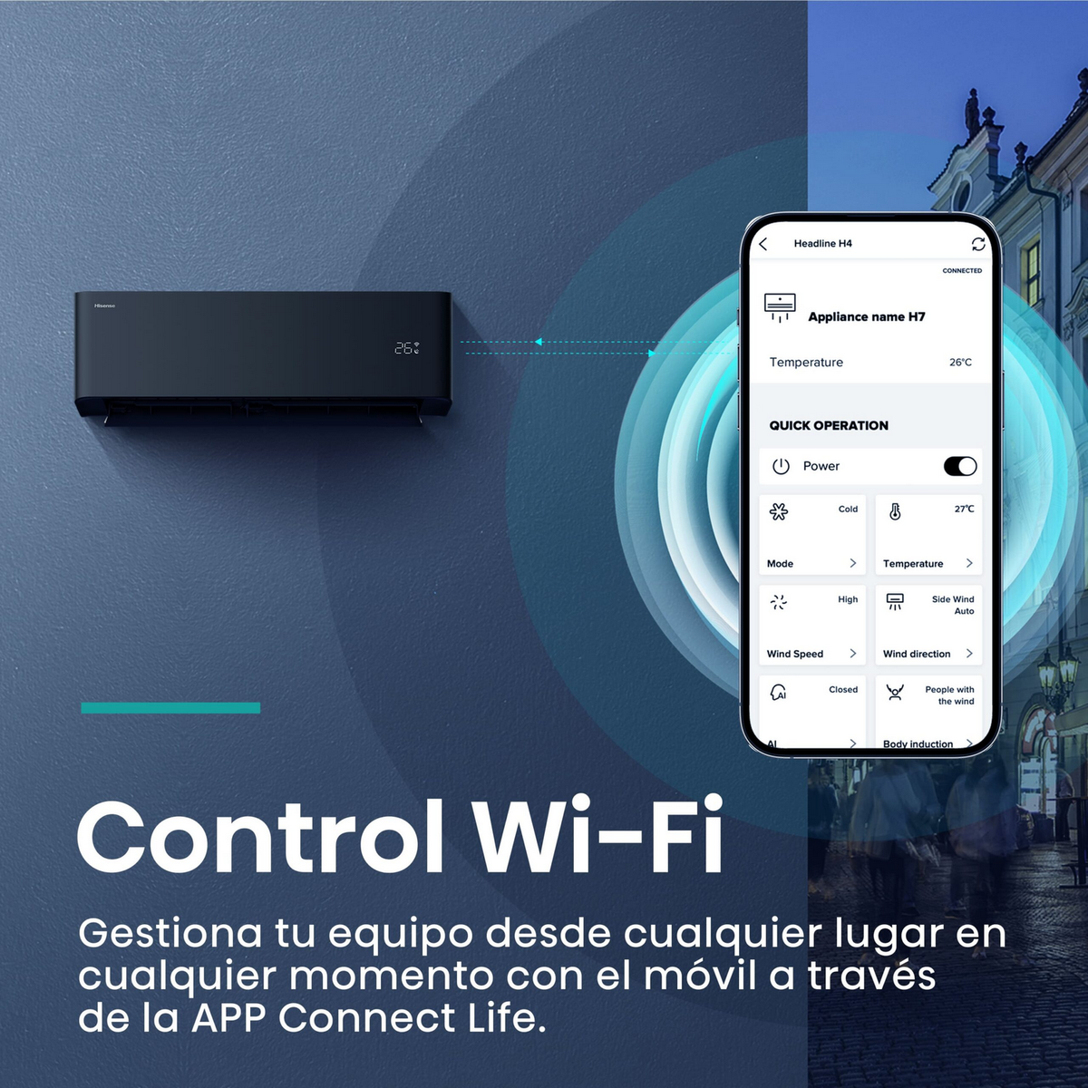Smartphone con interfaz de aplicación que muestra controles de aire acondicionado.