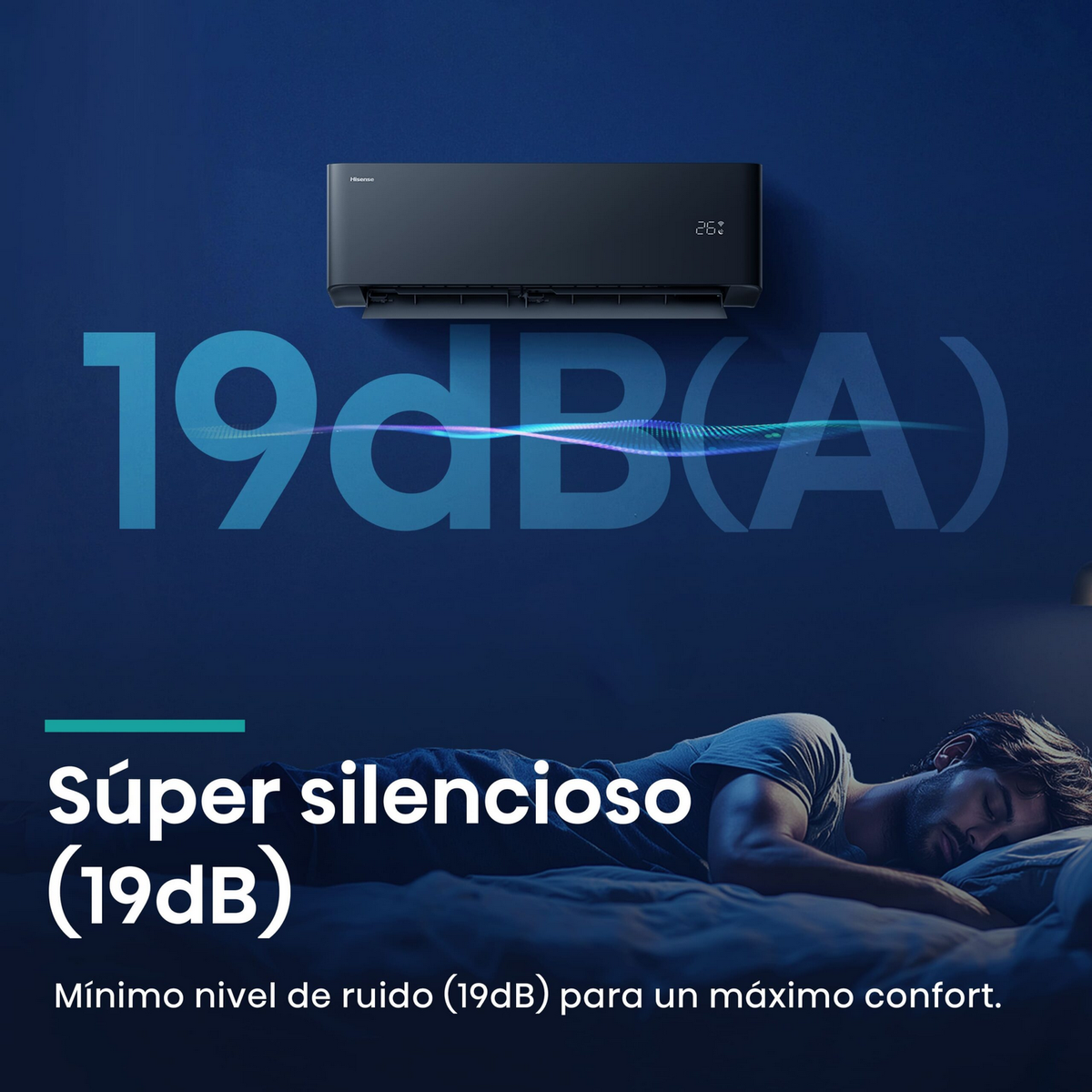 Aire acondicionado en una pared azul. Un hombre duerme en la cama debajo.