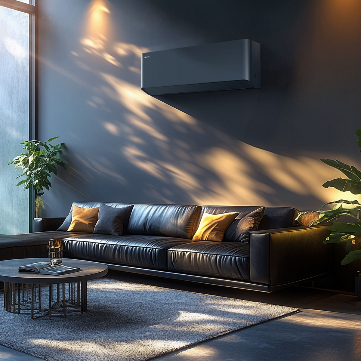 Una sala de estar moderna con un sofá gris oscuro y un aire acondicionado en la pared. La luz solar crea sombras.