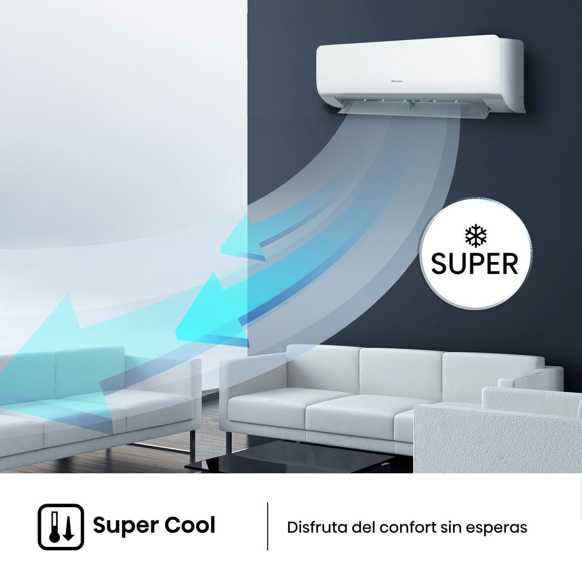 Aire acondicionado blanco, flechas y texto: Super Cool, Disfruta del confort sin demora.