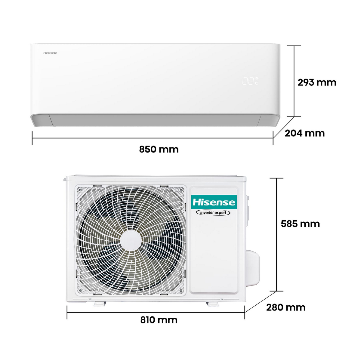 Aire acondicionado Hisense con dimensiones etiquetadas. Se muestran unidades interiores y exteriores con medidas.