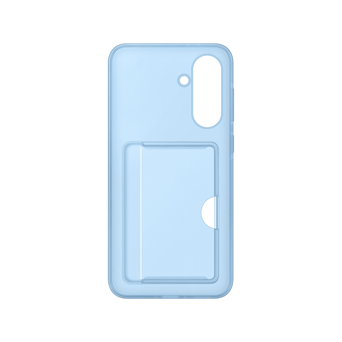 Una funda de teléfono azul claro con ranura para tarjetas y recorte para la cámara.