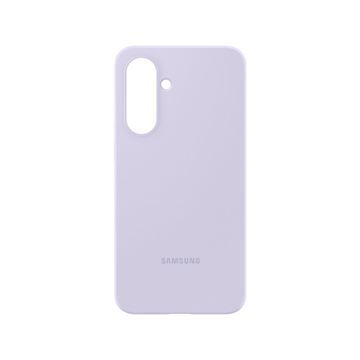 Custodia per telefono Samsung lilla con foro per fotocamera e nome del marchio.