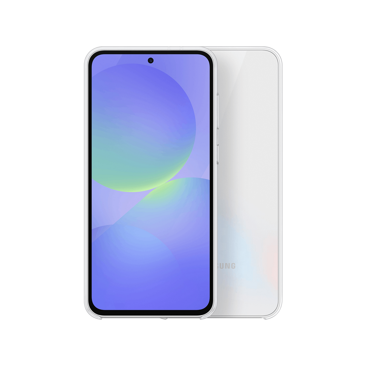 Telefono Samsung bianco con schermo curvo. Lo schermo mostra uno sfondo astratto colorato. Sfondo nero.