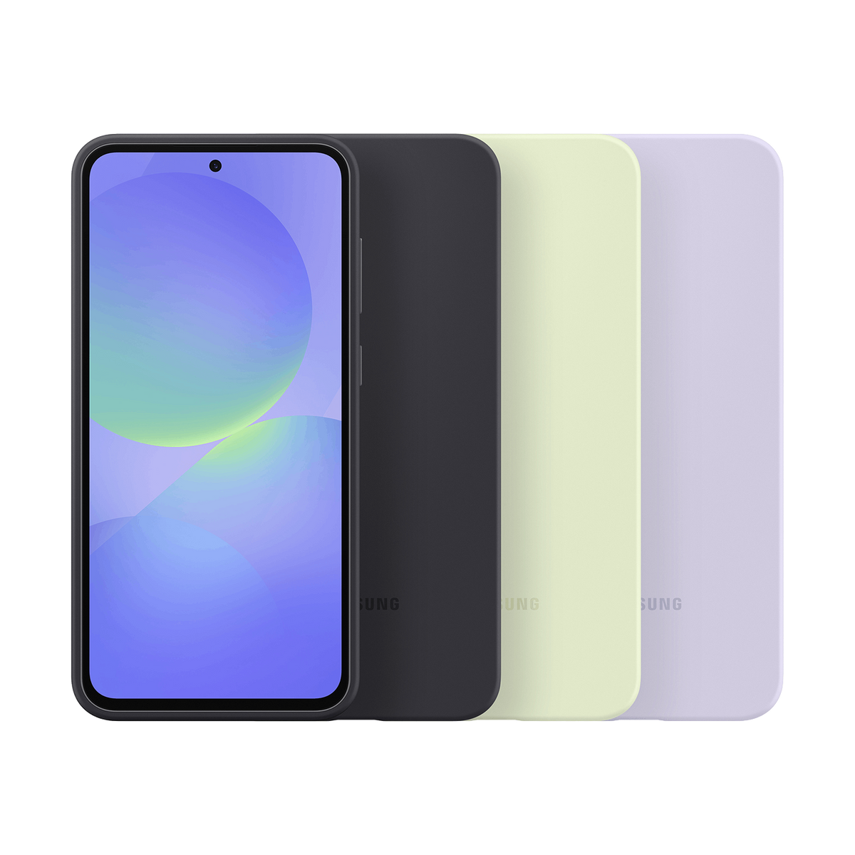 Telefono Samsung con tre custodie, nero, grigio, verde chiaro e viola.